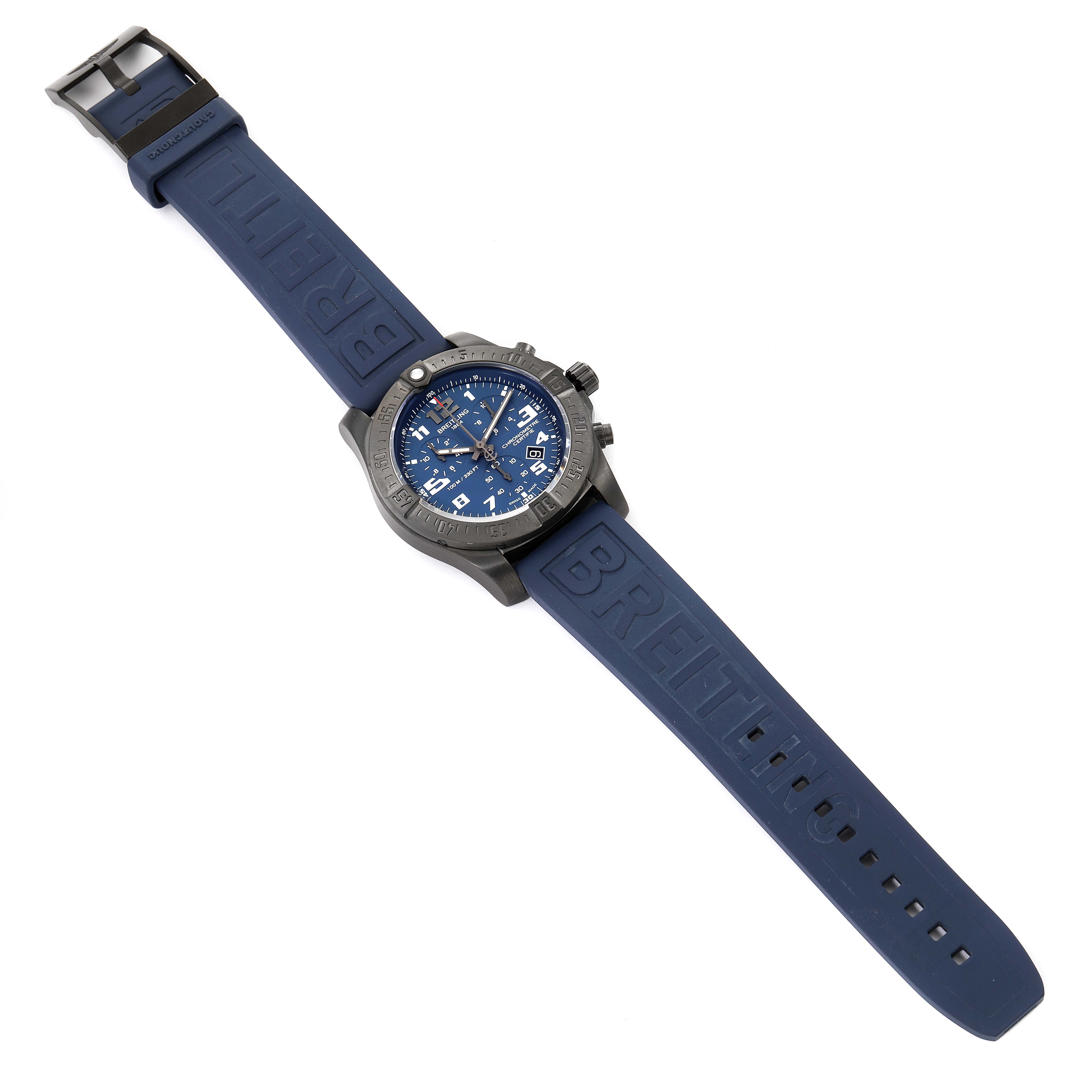 The image shows a top-down view of the Breitling Professional Series V13330 Men's Titanium Blue Dial V13330 Men's Titanium Blue Dial watch with a blue band and detailed dial.