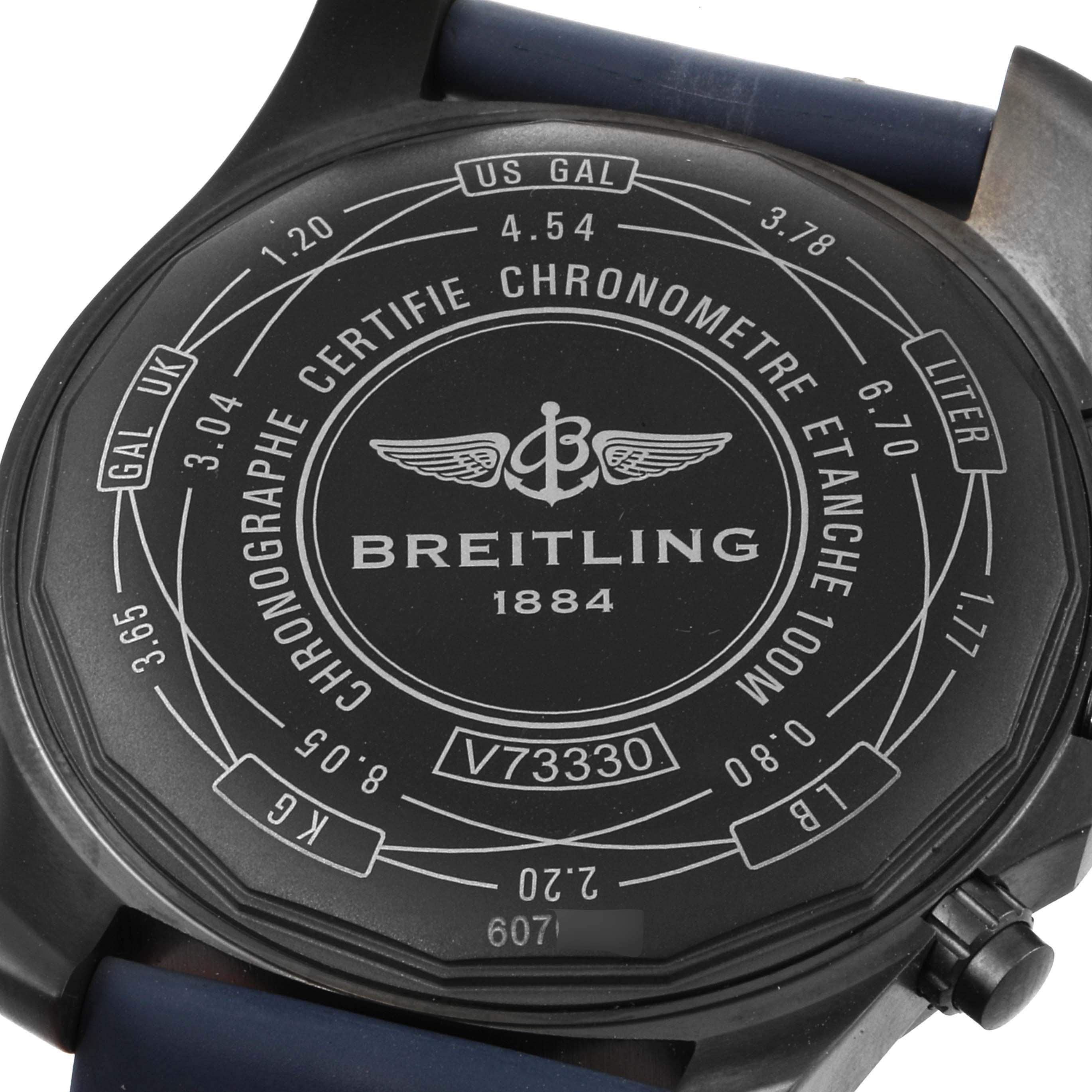 The image shows the back of a Breitling Professional Series V13330 Men's Titanium Blue Dial V13330 Men's Titanium Blue Dial watch, showcasing various engravings and unit conversions.
