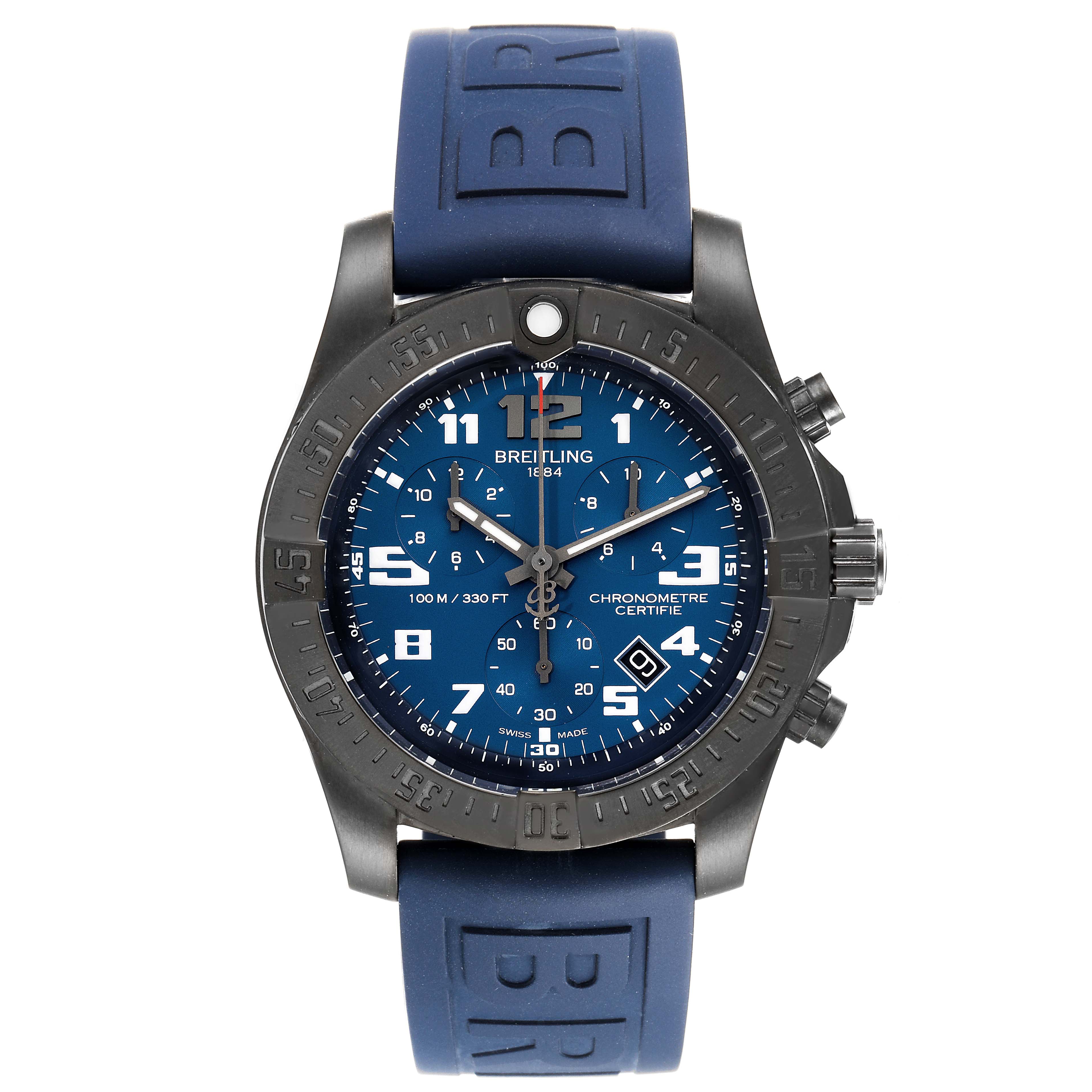 This is a front view of a Breitling Professional Series V13330 Men's Titanium Blue Dial V13330 Men's Titanium Blue Dial watch, showing the face, bezel, and blue strap.