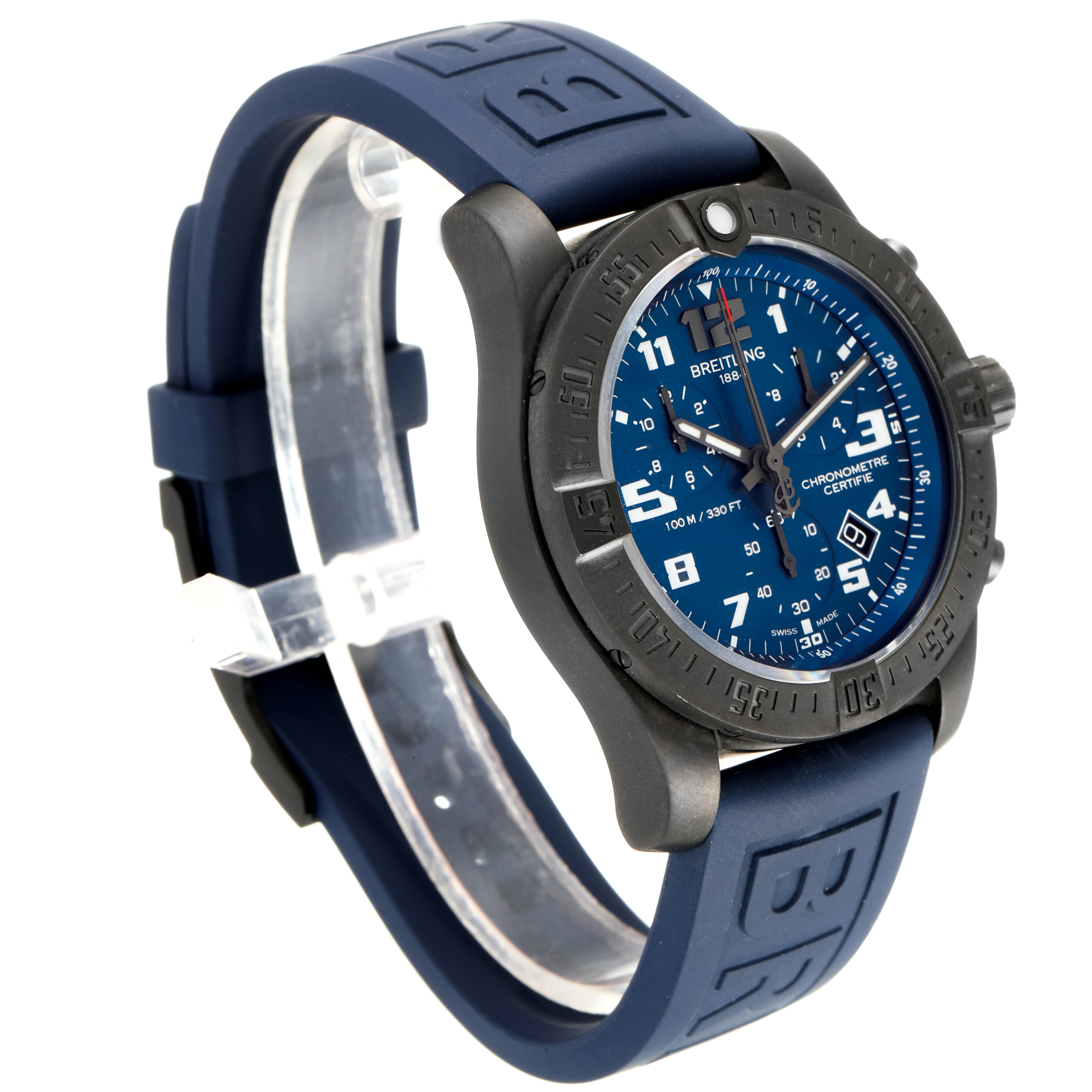 This Breitling Professional Series V13330 Men's Titanium Blue Dial V13330 Men's Titanium Blue Dial watch is shown at an angle displaying the blue dial, bezel, and blue rubber strap.