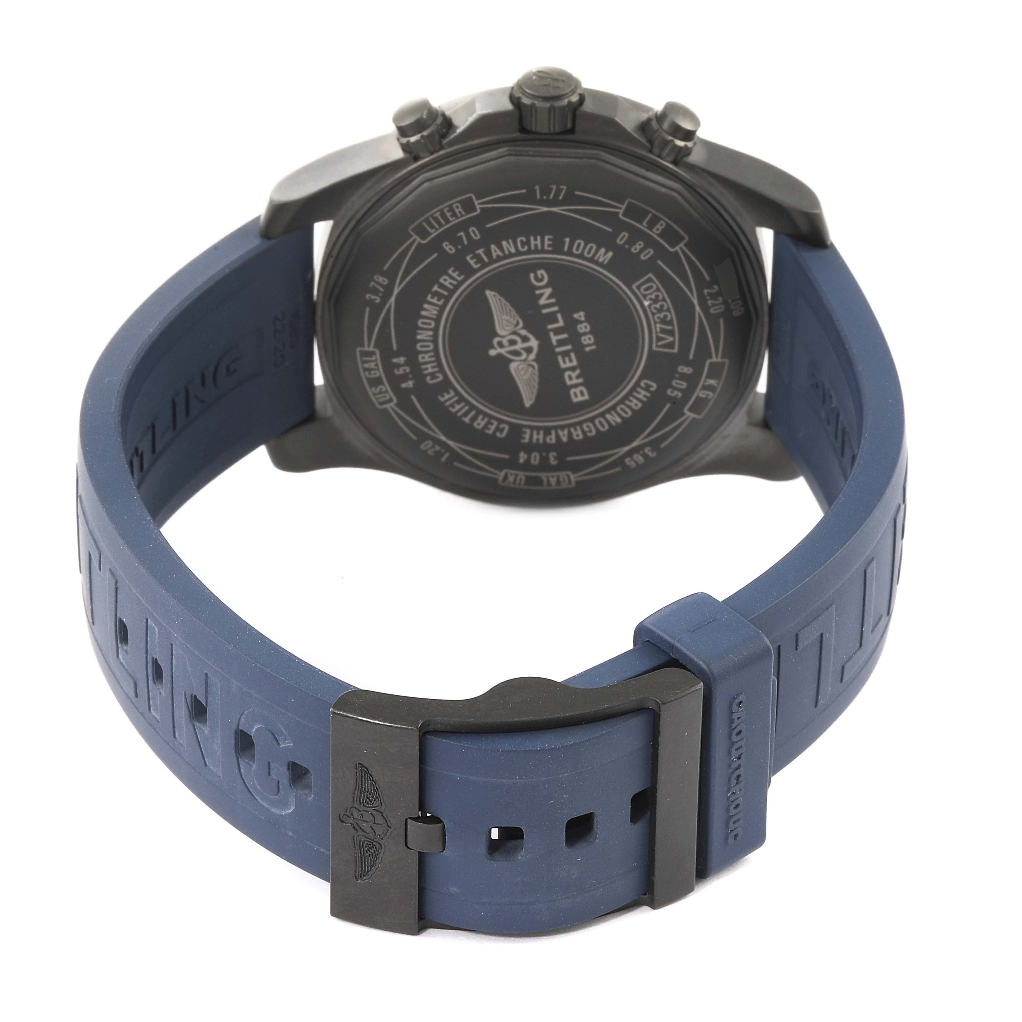This image shows the back and strap of the Breitling Professional Series V13330 Men's Titanium Blue Dial V13330 Men's Titanium Blue Dial watch, highlighting the case back details and blue rubber strap.