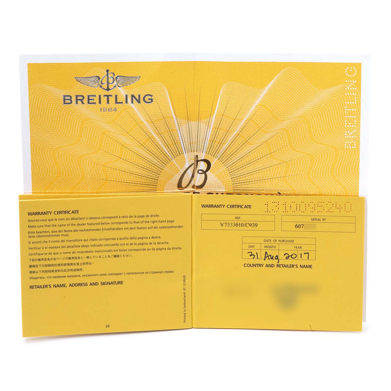 The image shows the warranty certificate for the Breitling Professional Series V13330 Men's Titanium Blue Dial V13330 Men's Titanium Blue Dial model watch, including the reference and purchase date.