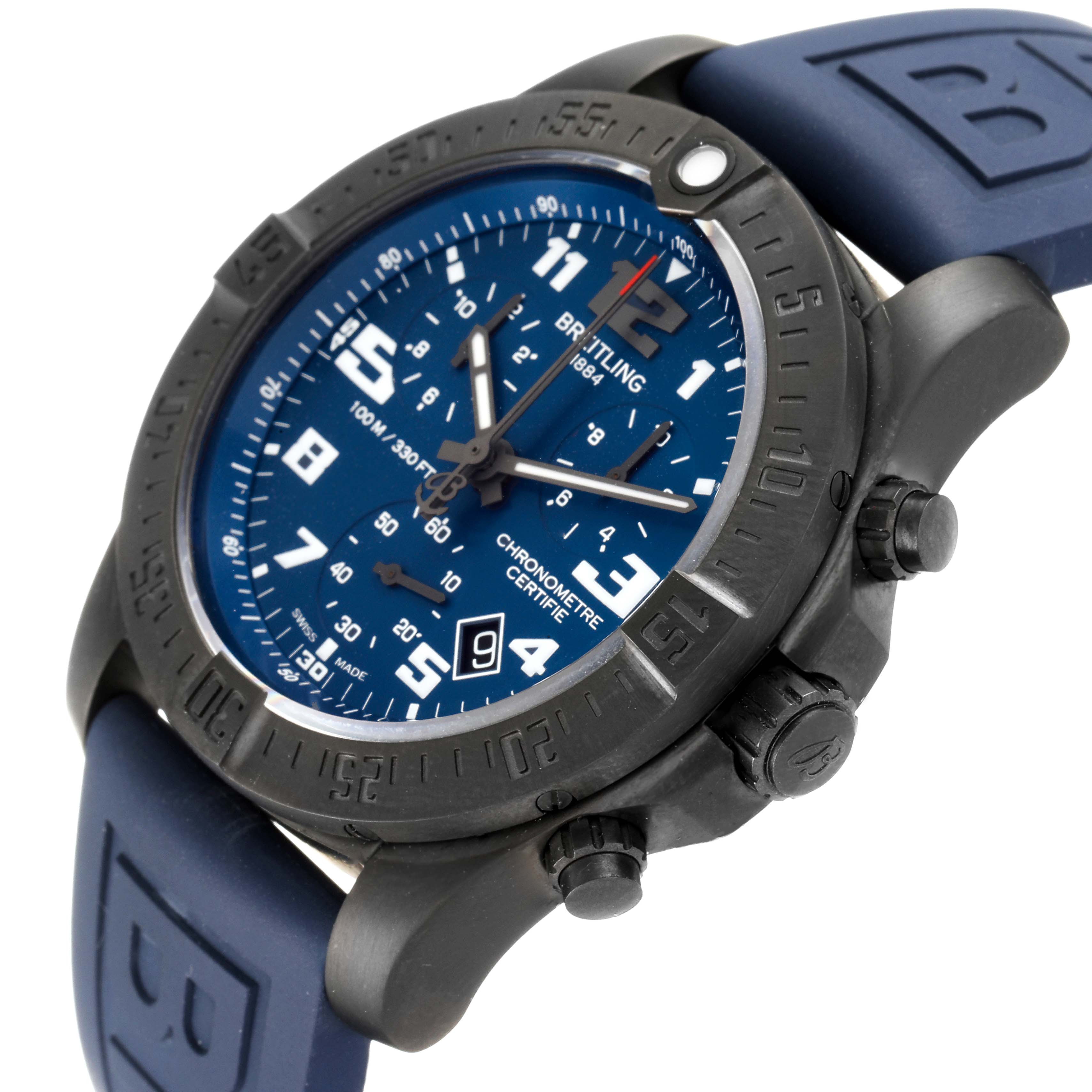 The image shows a close-up angle of the Breitling Professional Series V13330 Men's Titanium Blue Dial V13330 Men's Titanium Blue Dial watch, highlighting its blue dial, bezel, and pushers.