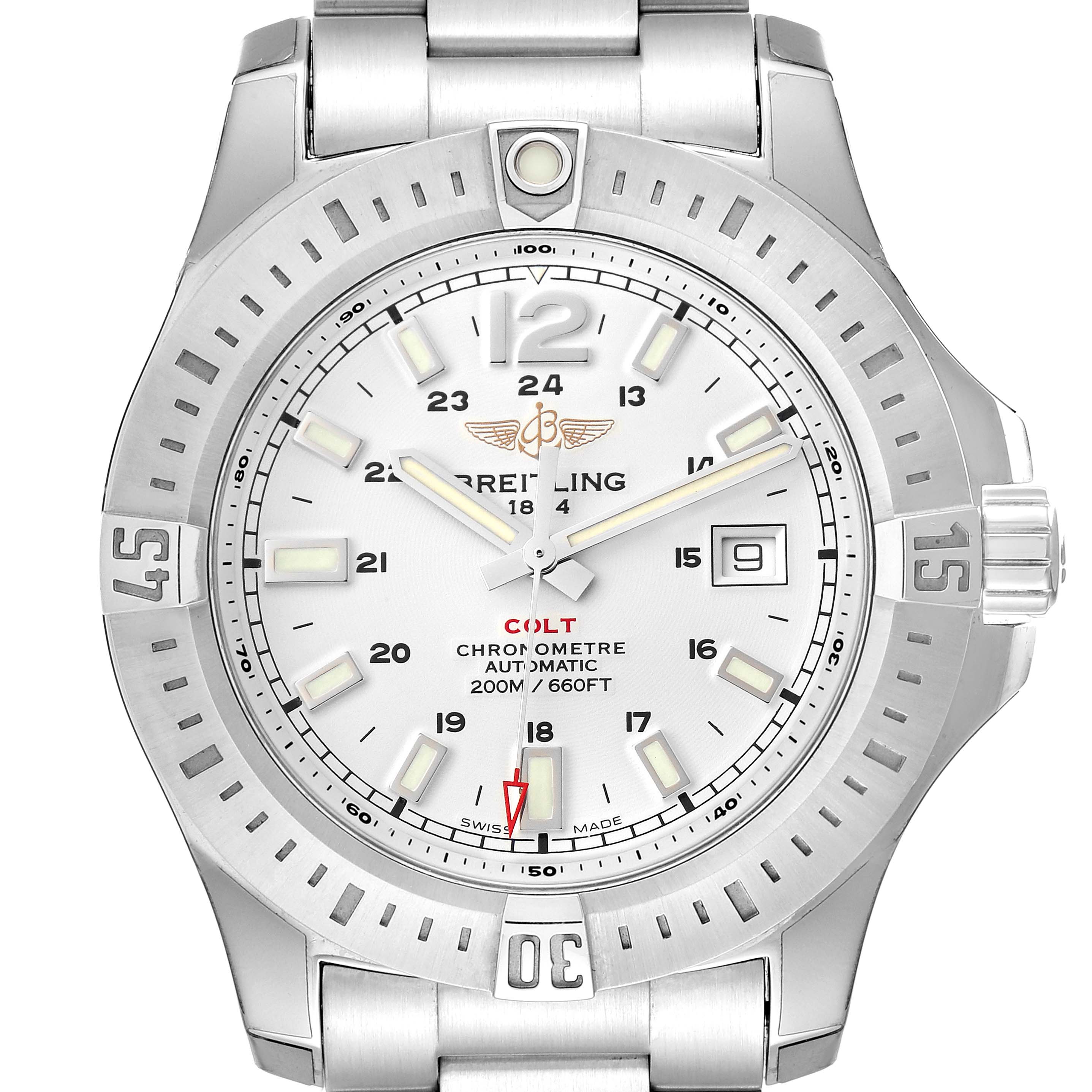 The image shows a frontal view of the Breitling Colt A17388 Men
s Stainless Steel White Dial A17388 Men
s Stainless Steel White Dial watch, highlighting its face, bezel, and part of the bracelet.