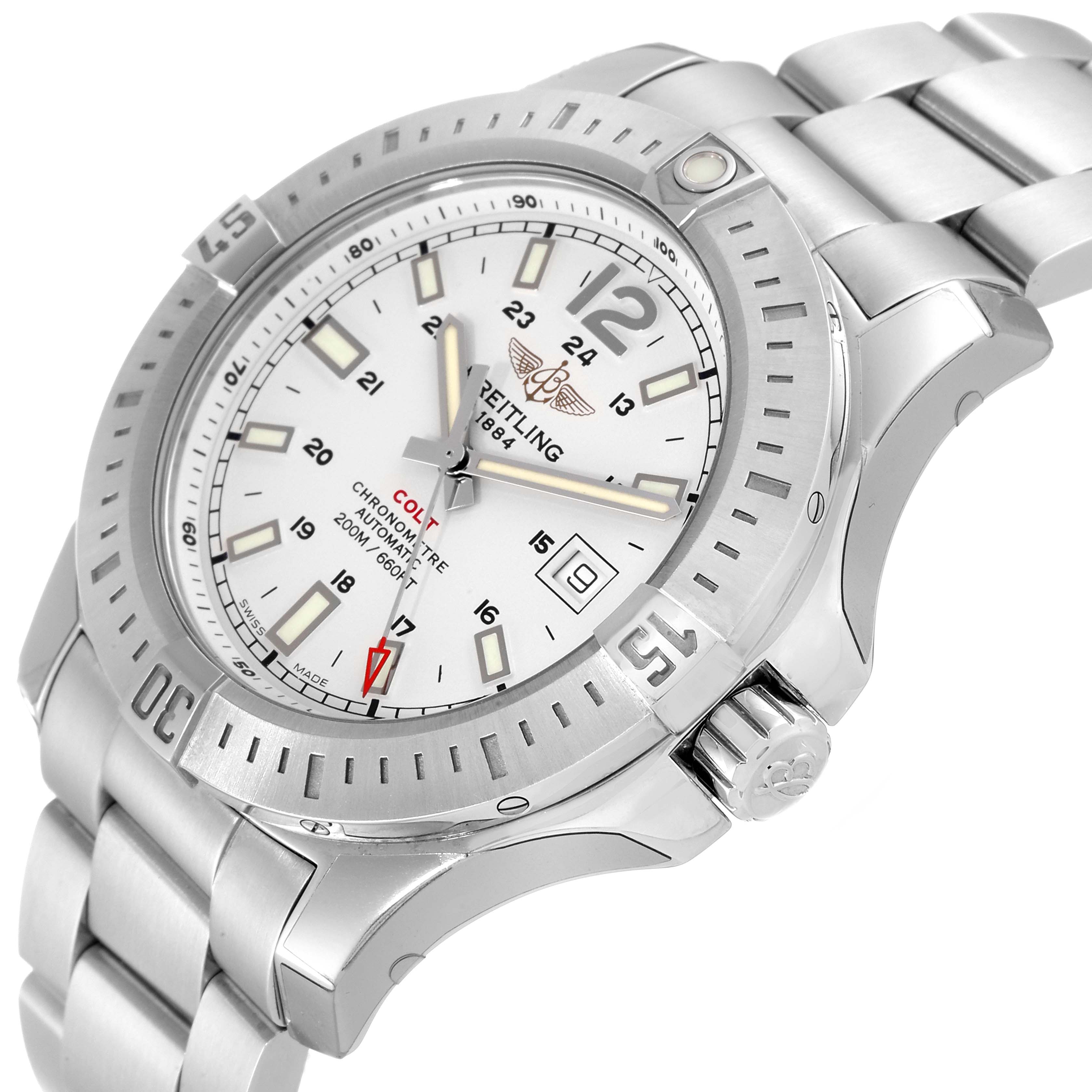 The image shows a Breitling Colt A17388 Men
s Stainless Steel White Dial A17388 Men
s Stainless Steel White Dial watch from a slightly angled side view, highlighting the dial, bezel, and partially the bracelet.