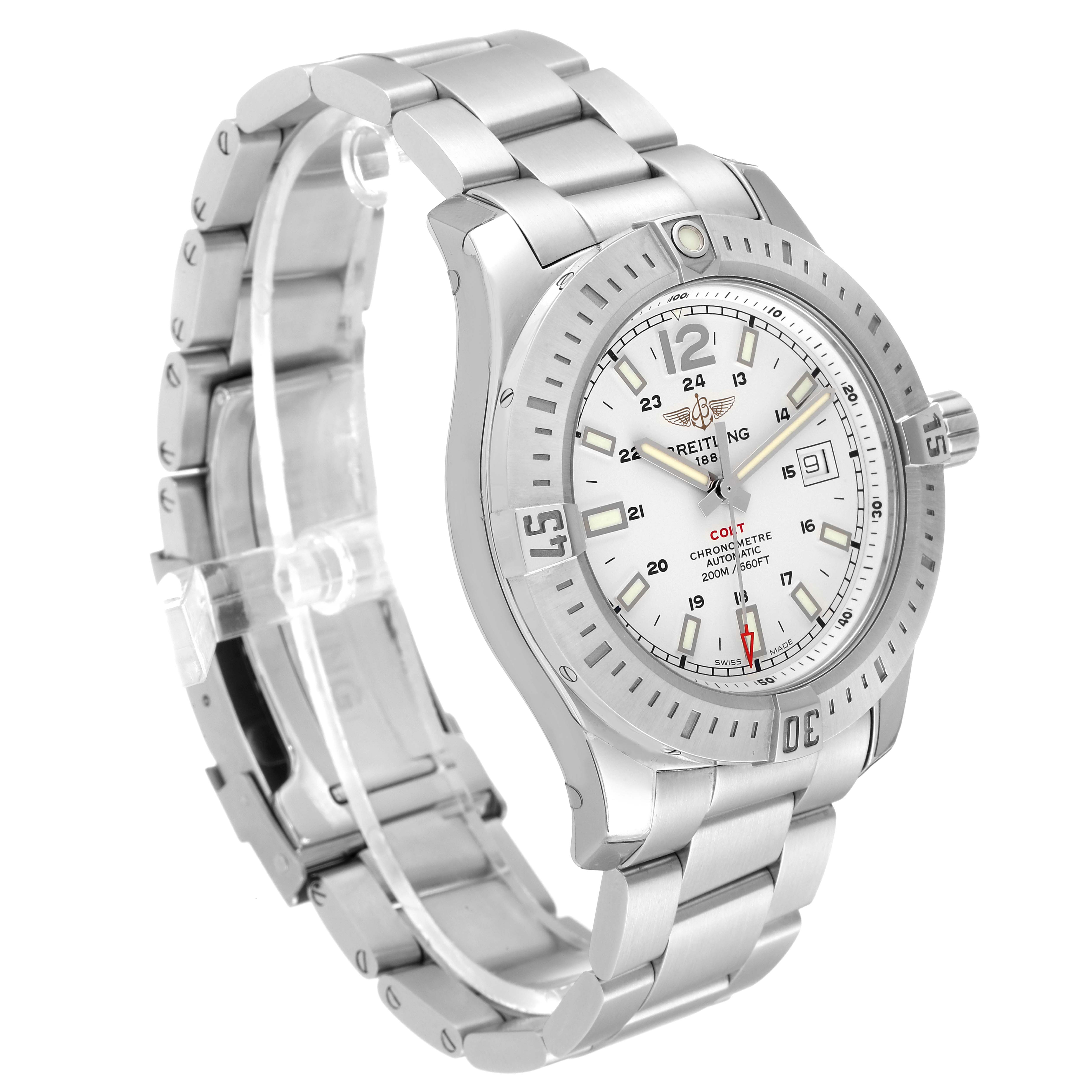 The image shows a side-angle view of the Breitling Colt A17388 Men
s Stainless Steel White Dial A17388 Men
s Stainless Steel White Dial watch, highlighting the face, bezel, and bracelet.
