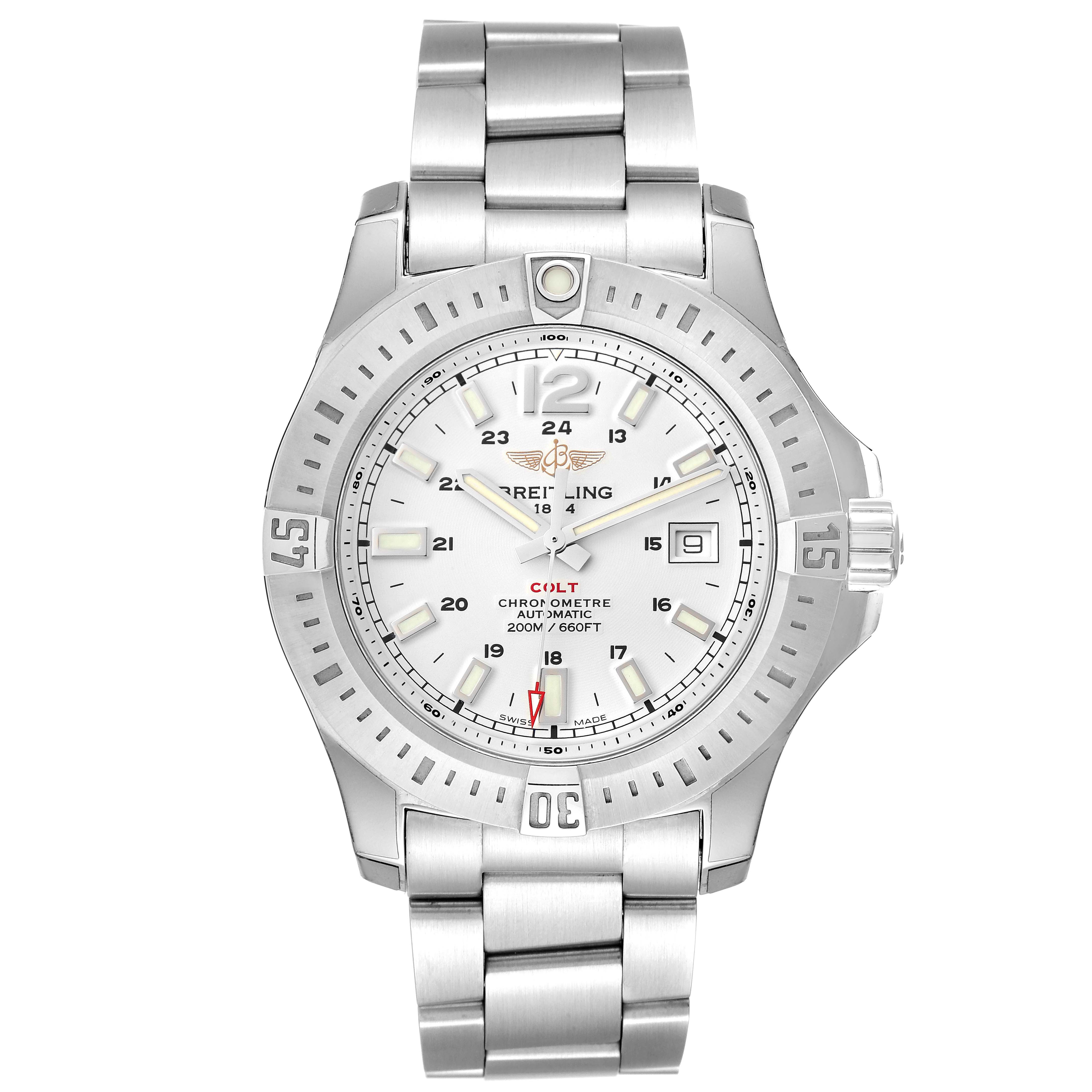 The watch shown is a Breitling Colt A17388 Men
s Stainless Steel White Dial A17388 Men
s Stainless Steel White Dial model, viewed from the front, displaying the dial, bezel, crown, and metal bracelet.