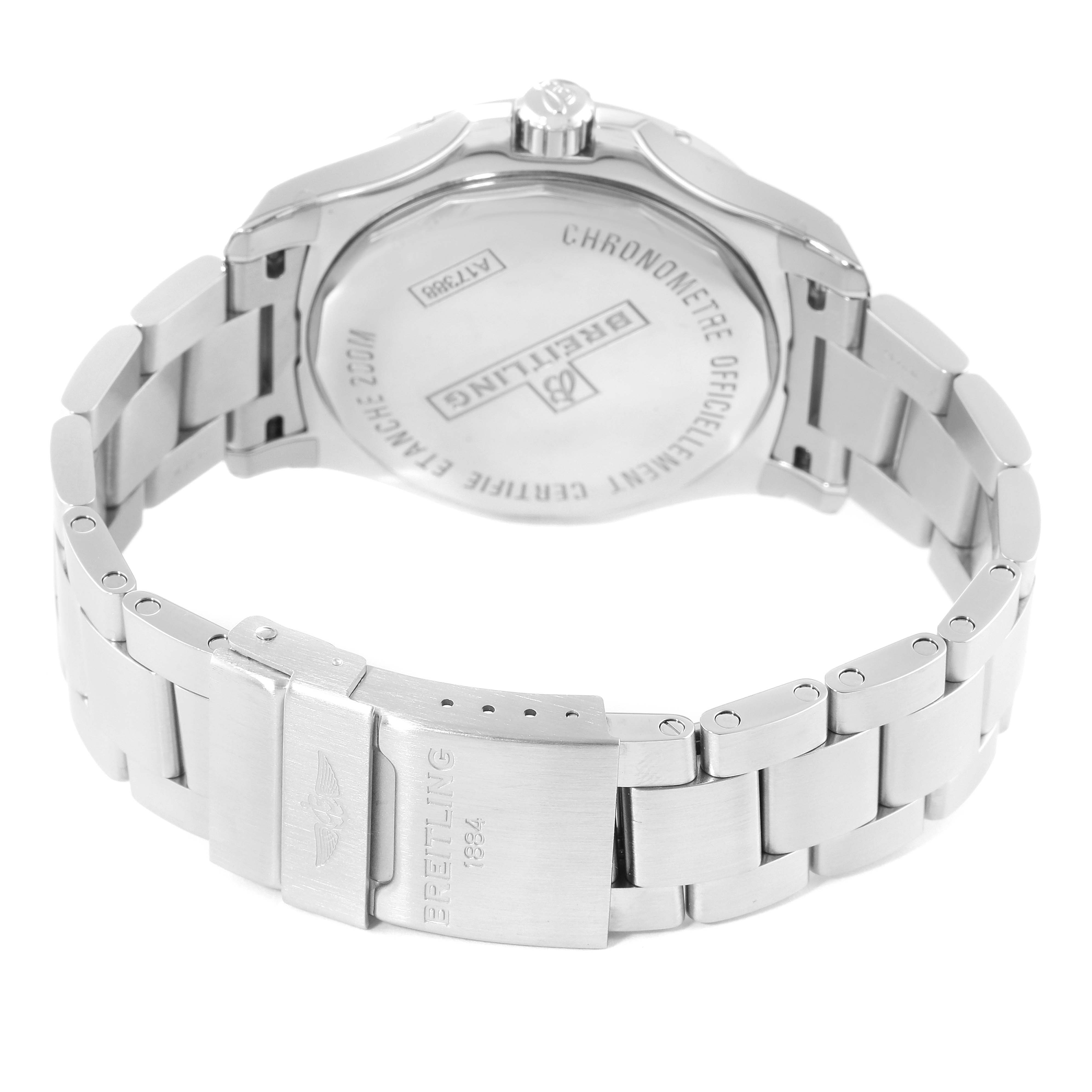 The image shows the back case and bracelet of a Breitling Colt A17388 Men
s Stainless Steel White Dial A17388 Men
s Stainless Steel White Dial watch from a rear angle.