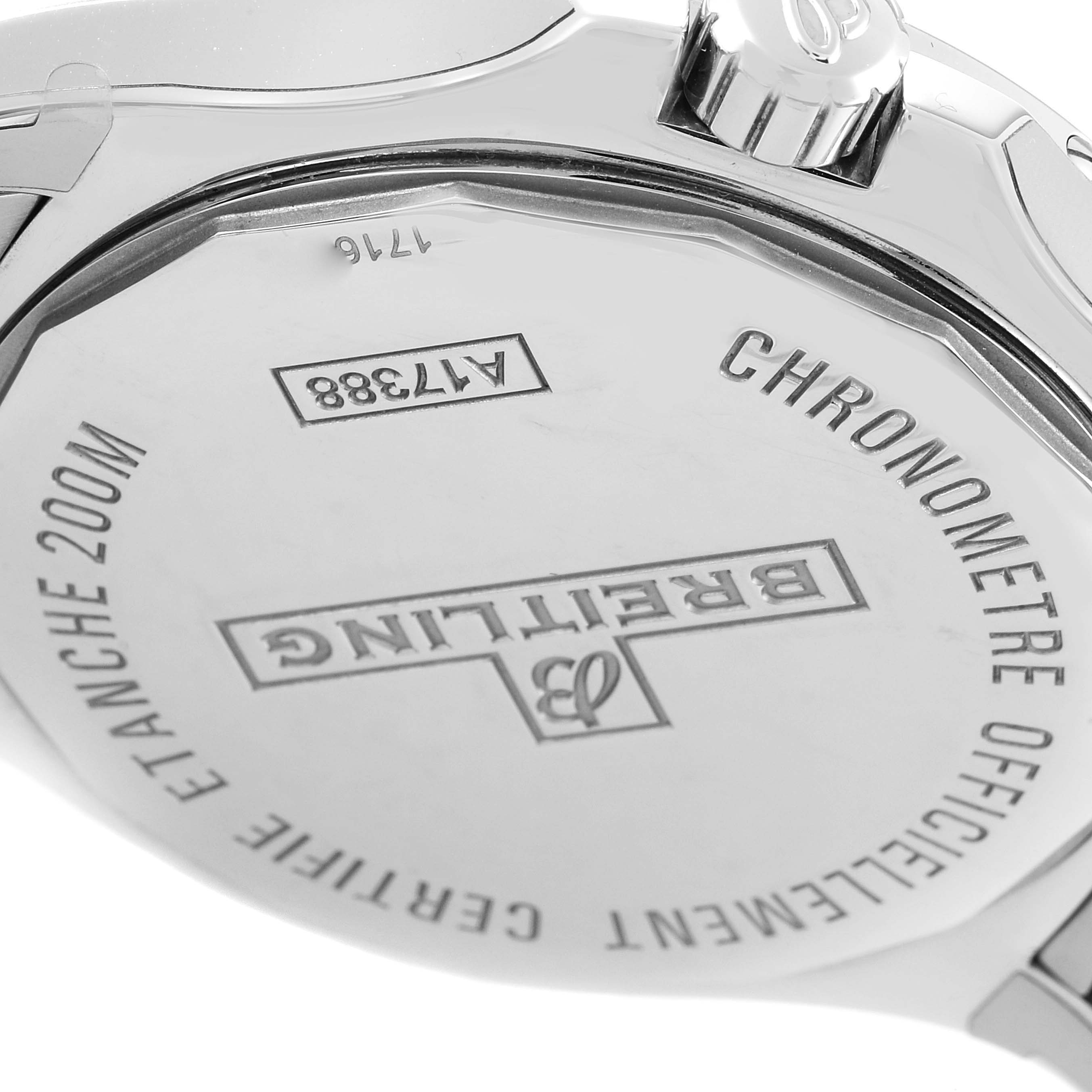 The image shows the back case and part of the bezel of the Breitling Colt A17388 Men
s Stainless Steel White Dial A17388 Men
s Stainless Steel White Dial watch with inscriptions and specifications.