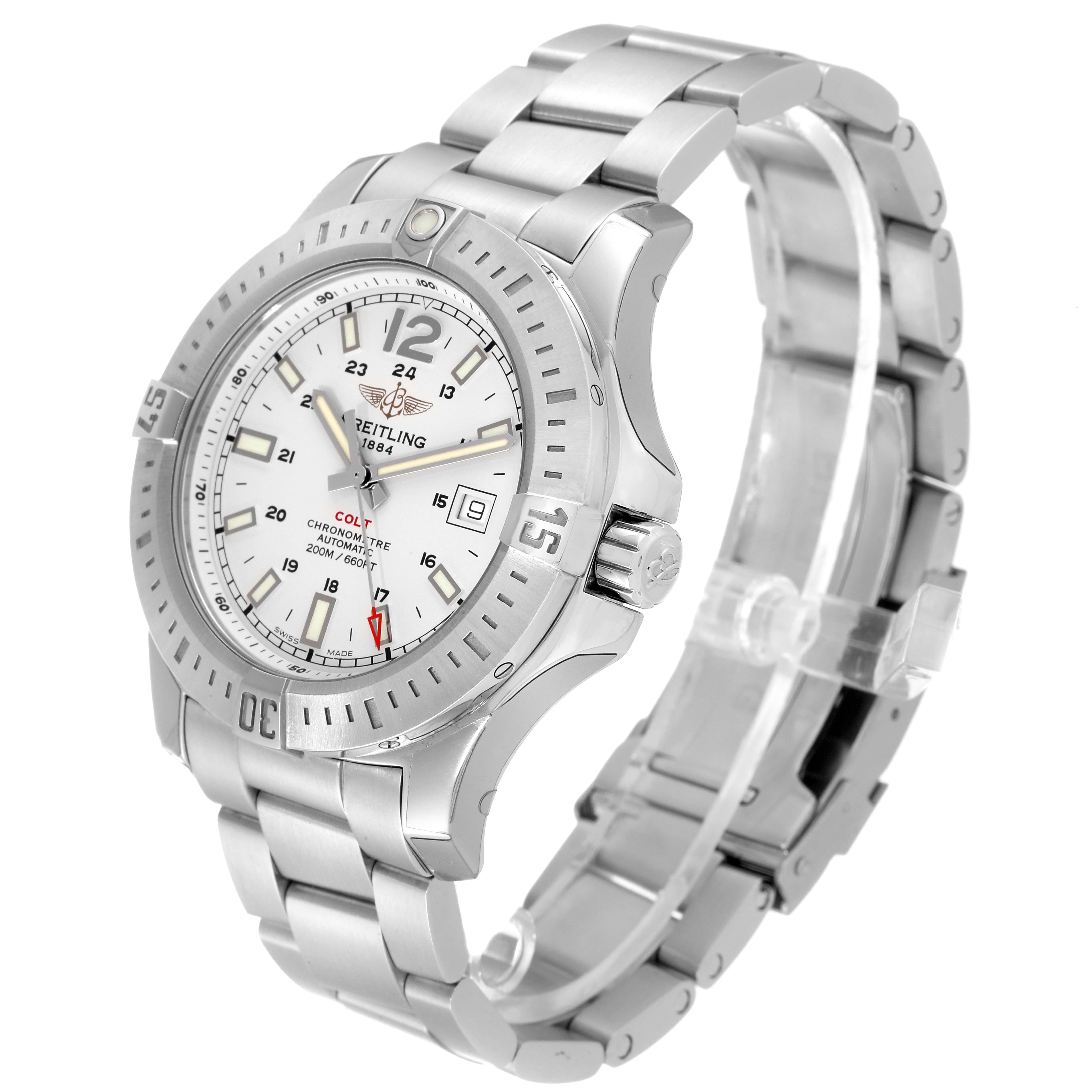 The Breitling Colt A17388 Men
s Stainless Steel White Dial A17388 Men
s Stainless Steel White Dial watch is shown at a three-quarter view, highlighting the face, bezel, crown, and metal bracelet.