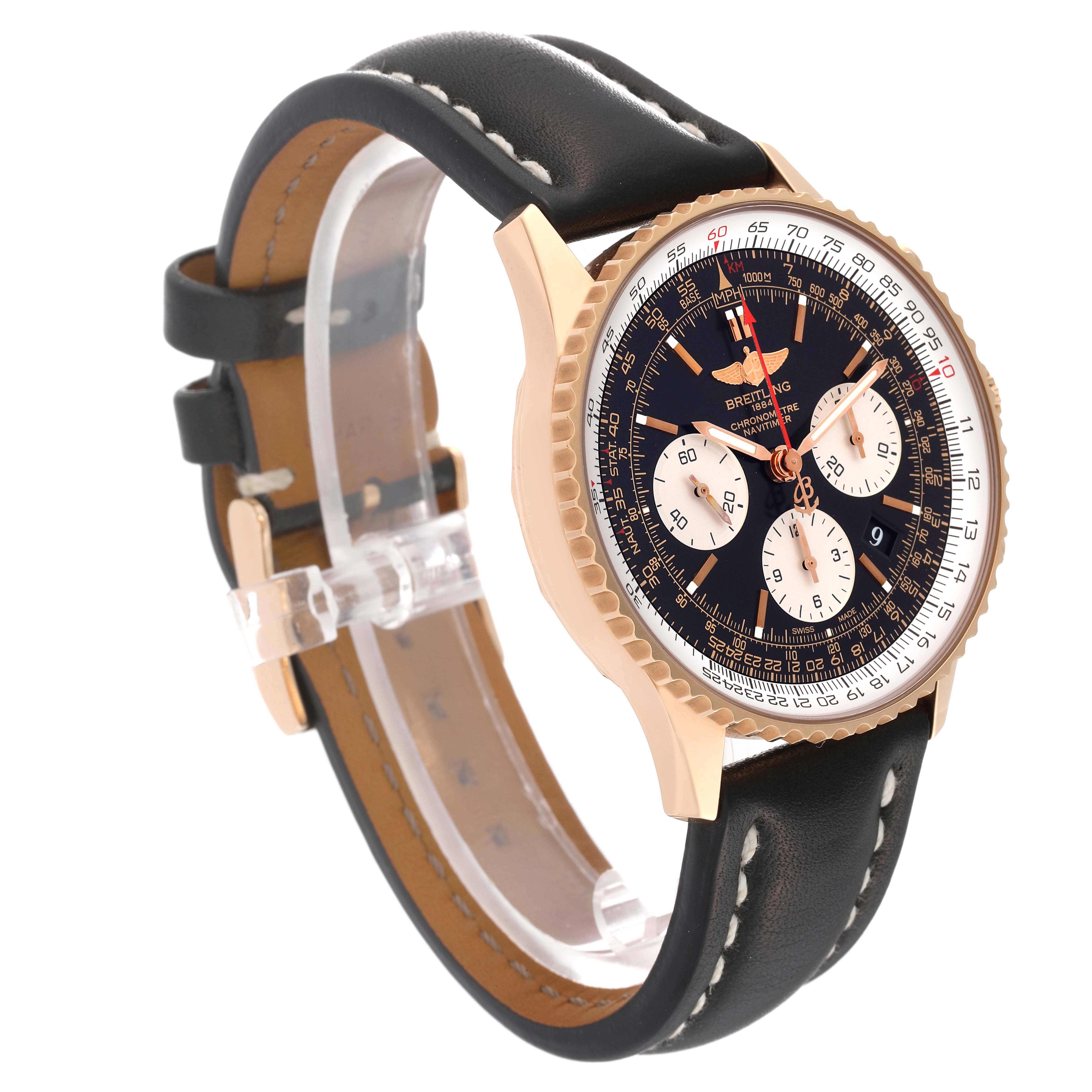 This image shows a Breitling Navitimer RB0120 Men
s Rose Gold Black Dial RB0120 Men
s Rose Gold Black Dial watch at a three-quarter angle, highlighting the face, bezel, and leather strap.