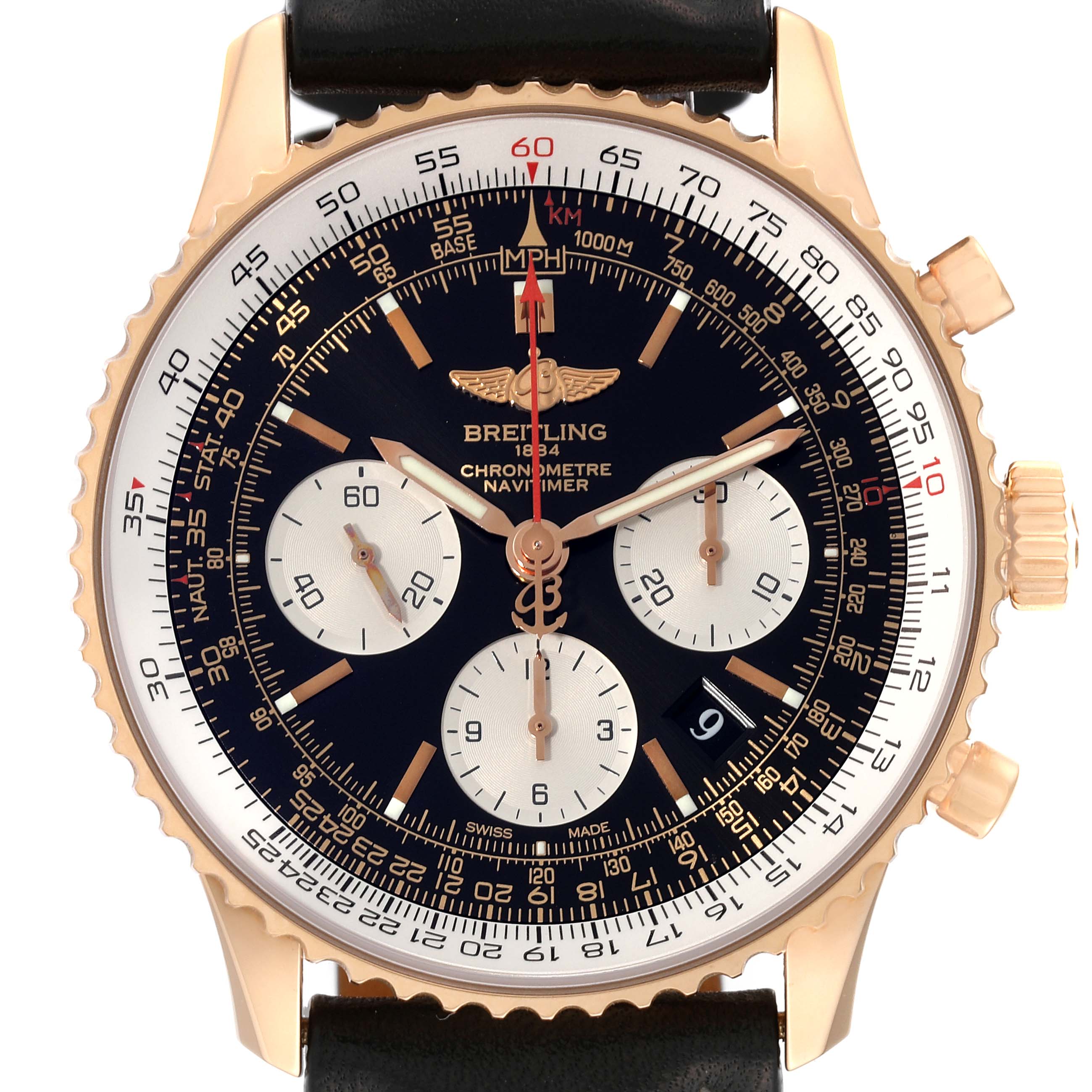 The image shows a front view of the Breitling Navitimer RB0120 Men
s Rose Gold Black Dial RB0120 Men
s Rose Gold Black Dial watch, featuring its dial, subdials, bezel, and a part of the leather strap.
