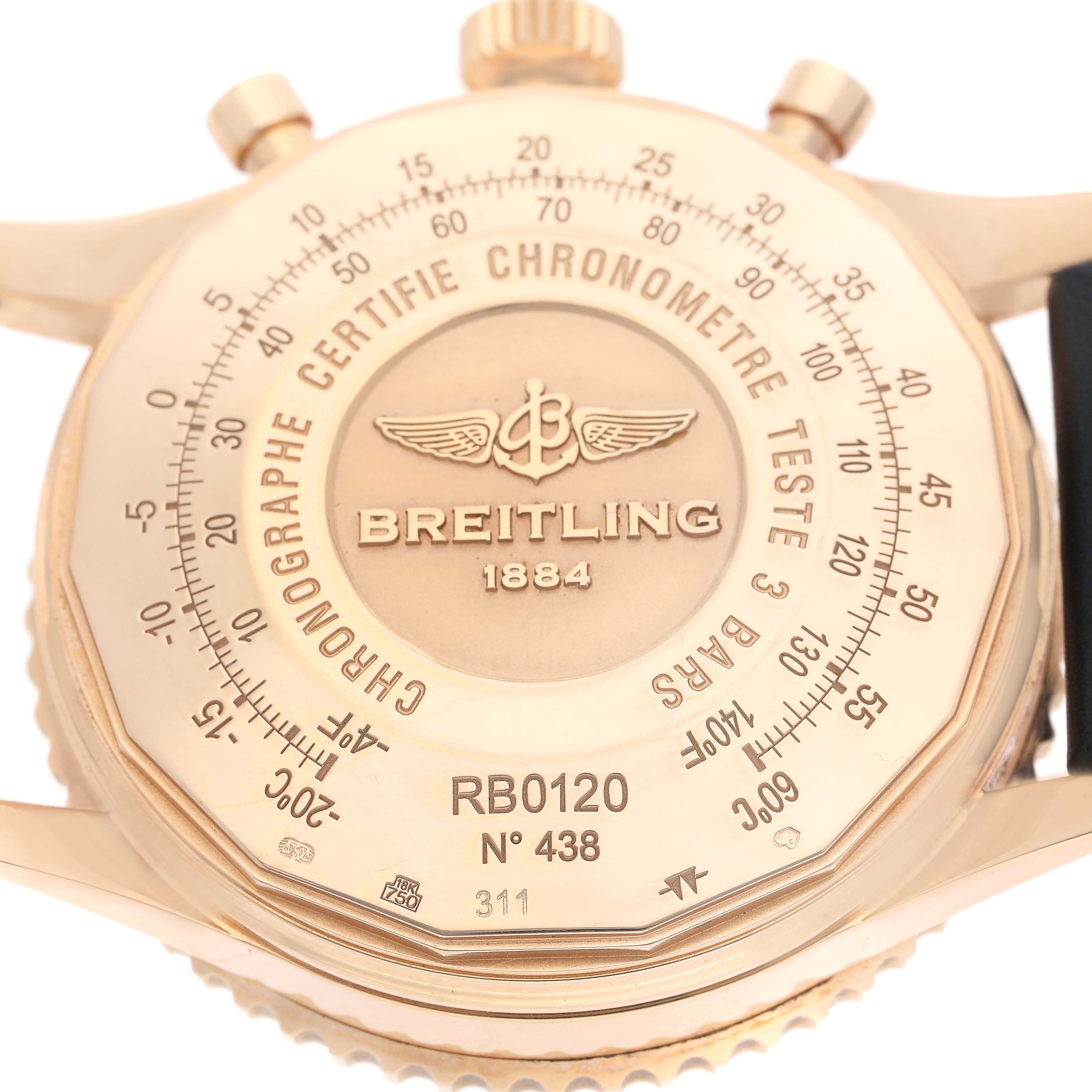 The image shows the back case of a Breitling Navitimer RB0120 Men
s Rose Gold Black Dial RB0120 Men
s Rose Gold Black Dial watch, focusing on its engravings and features.