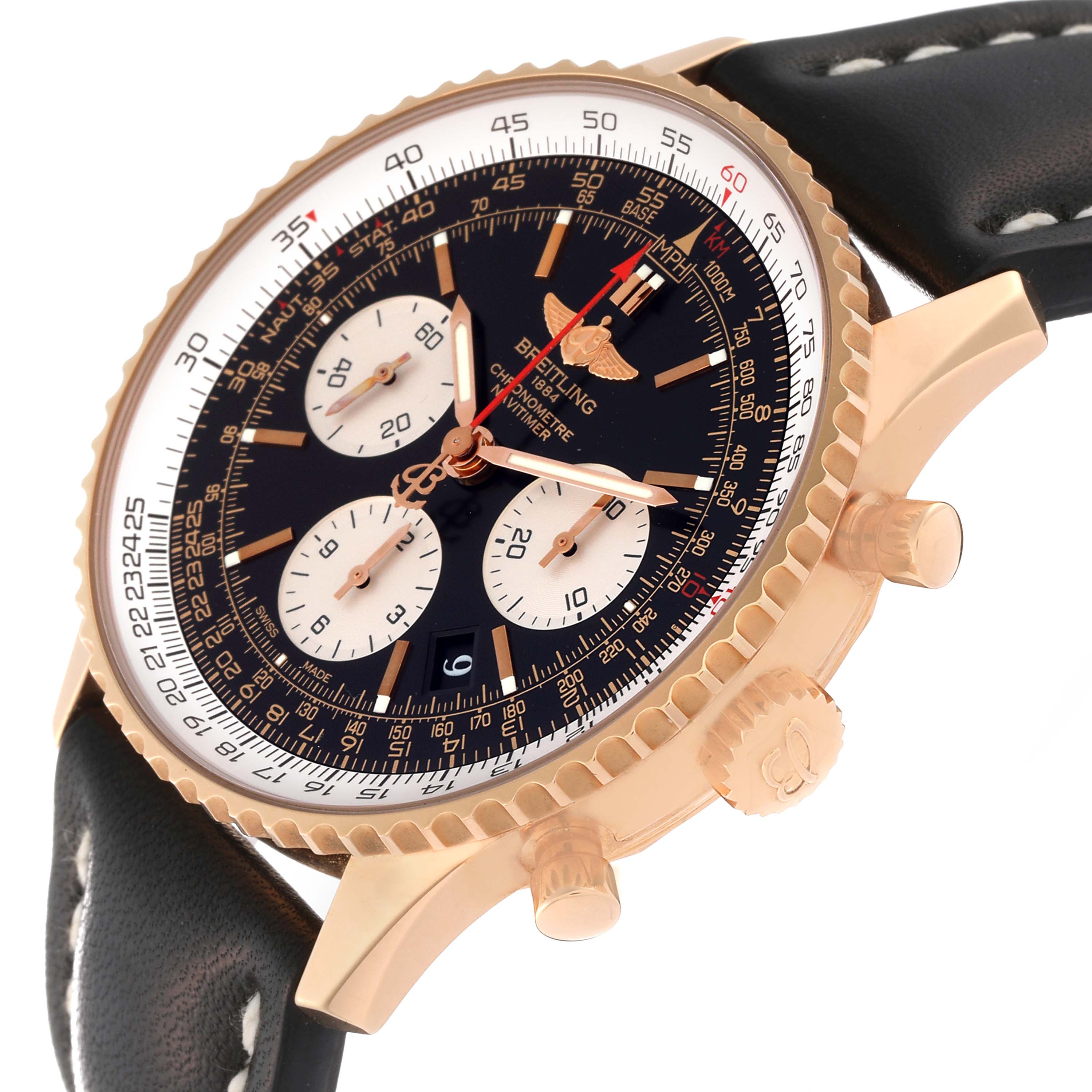 The image shows a close-up of the Breitling Navitimer RB0120 Men
s Rose Gold Black Dial RB0120 Men
s Rose Gold Black Dial watch from a three-quarter angle, highlighting the face, bezel, crown, and strap.