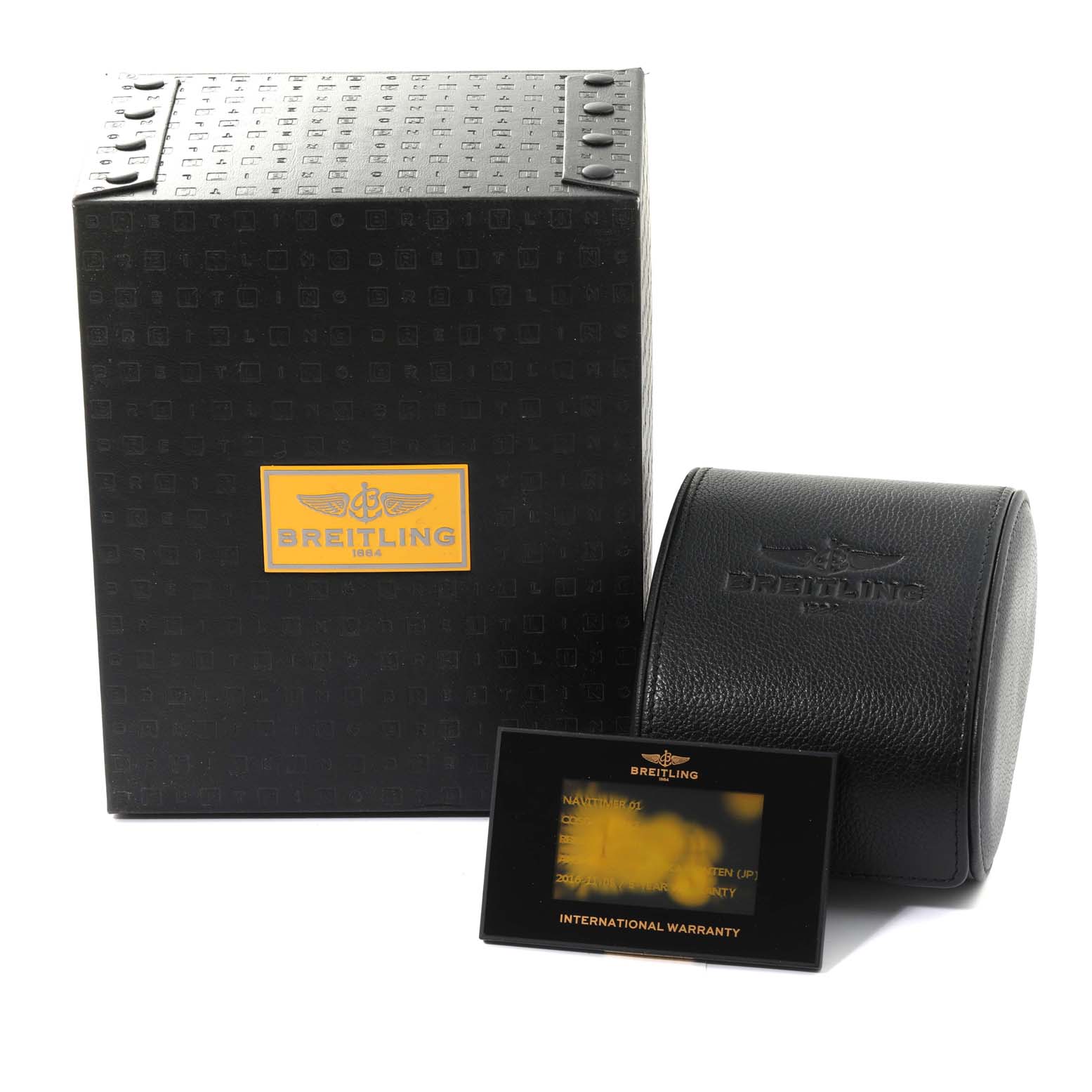 The image shows the packaging box, carrying case, and warranty card for a Breitling Navitimer RB0120 Men
s Rose Gold Black Dial RB0120 Men
s Rose Gold Black Dial watch.