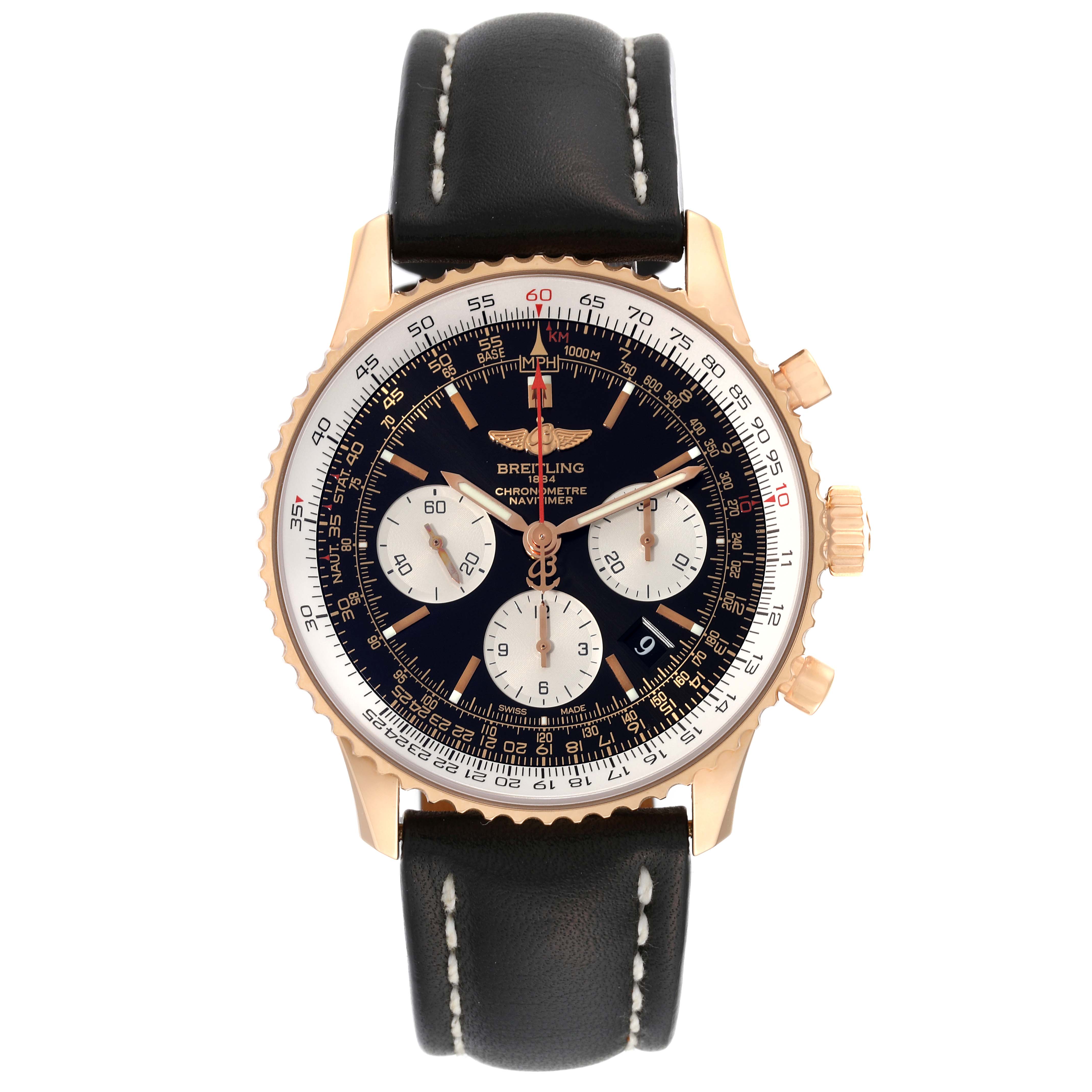 This image shows a front view of the Breitling Navitimer RB0120 Men
s Rose Gold Black Dial RB0120 Men
s Rose Gold Black Dial watch, highlighting the dial, bezel, crown, pushers, and leather strap.