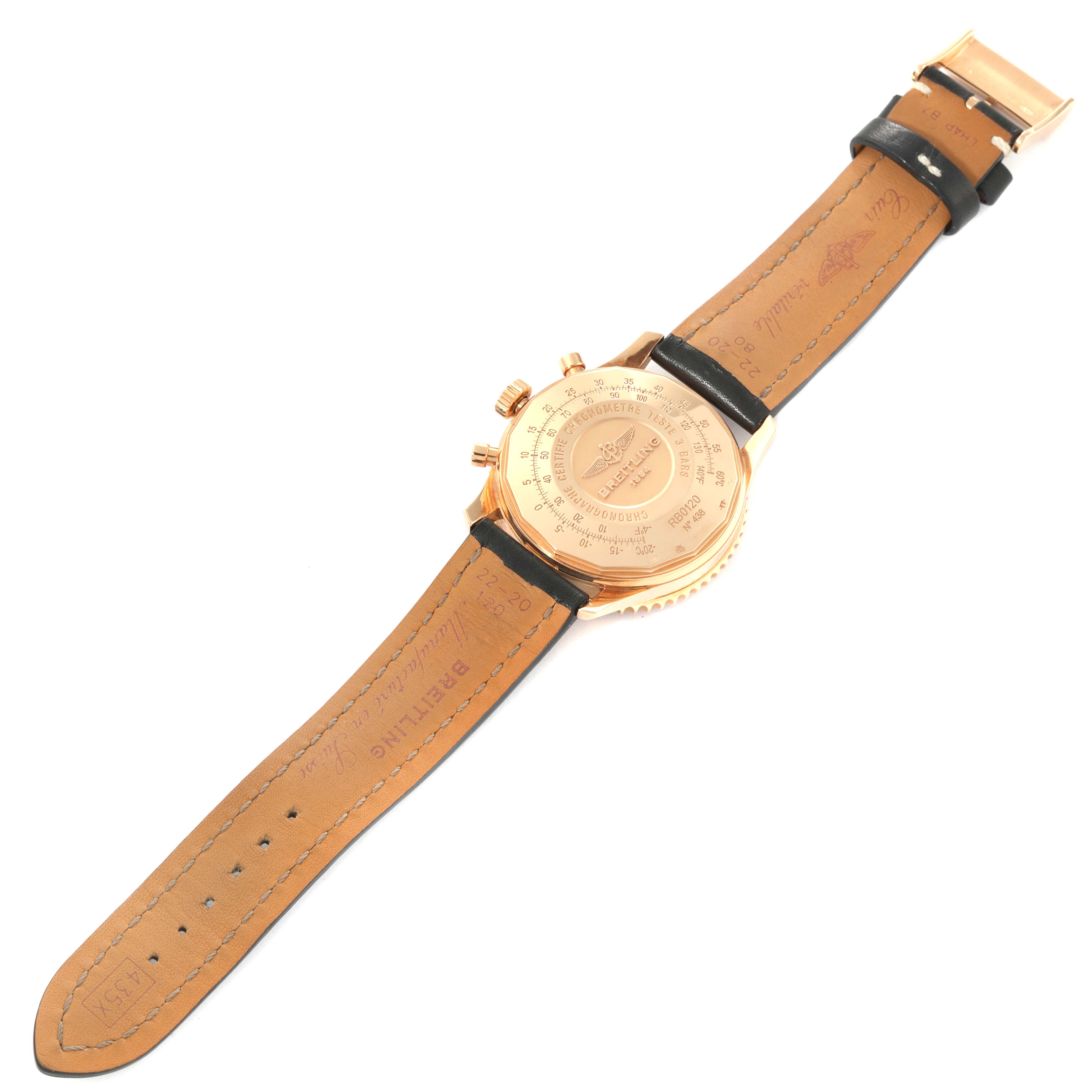 The image shows the back view of a Breitling Navitimer RB0120 Men
s Rose Gold Black Dial RB0120 Men
s Rose Gold Black Dial watch, highlighting the case back, leather strap, and buckle.