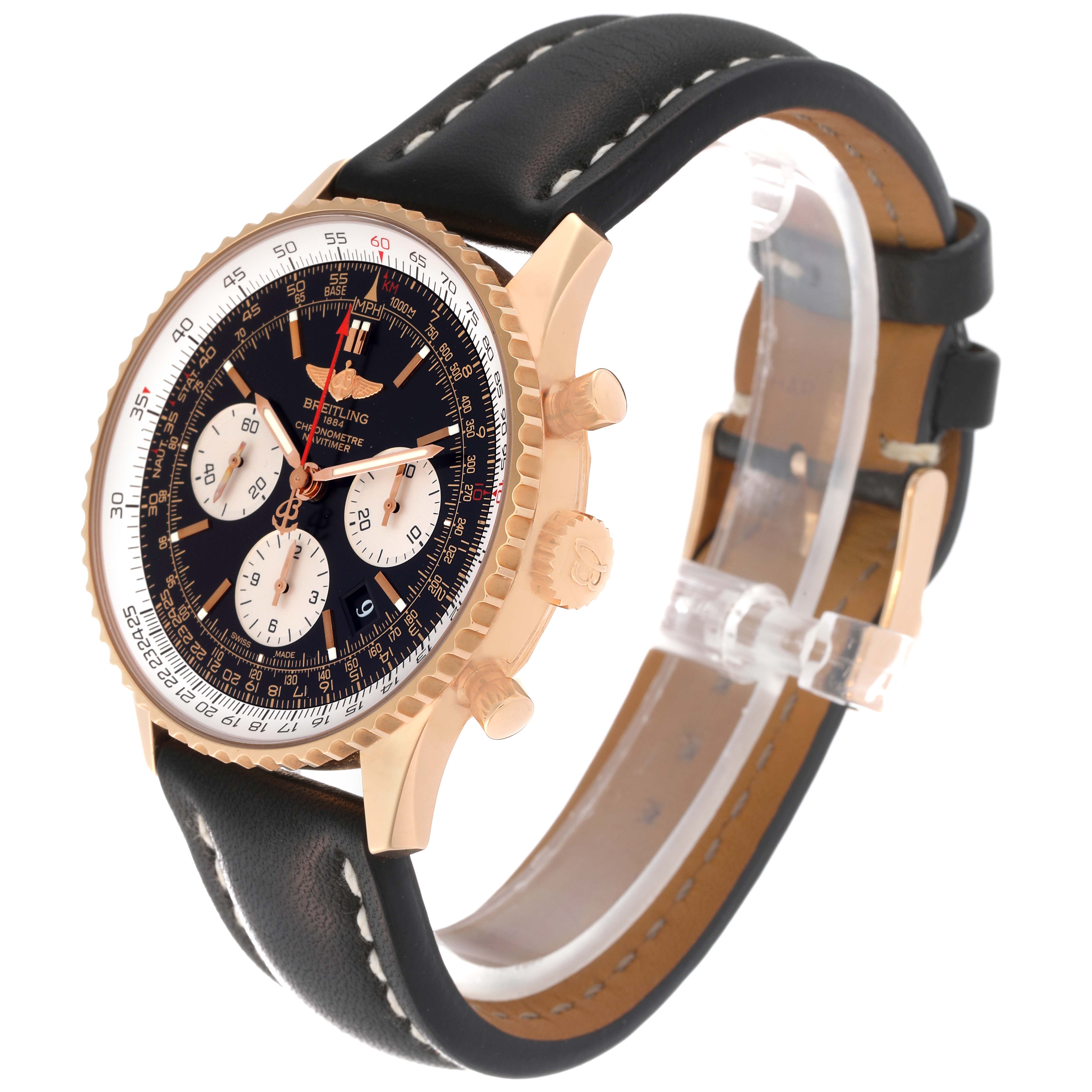 This image shows a Breitling Navitimer RB0120 Men
s Rose Gold Black Dial RB0120 Men
s Rose Gold Black Dial watch from a front angle, highlighting its black dial, chronograph sub-dials, gold casing, and black leather strap.