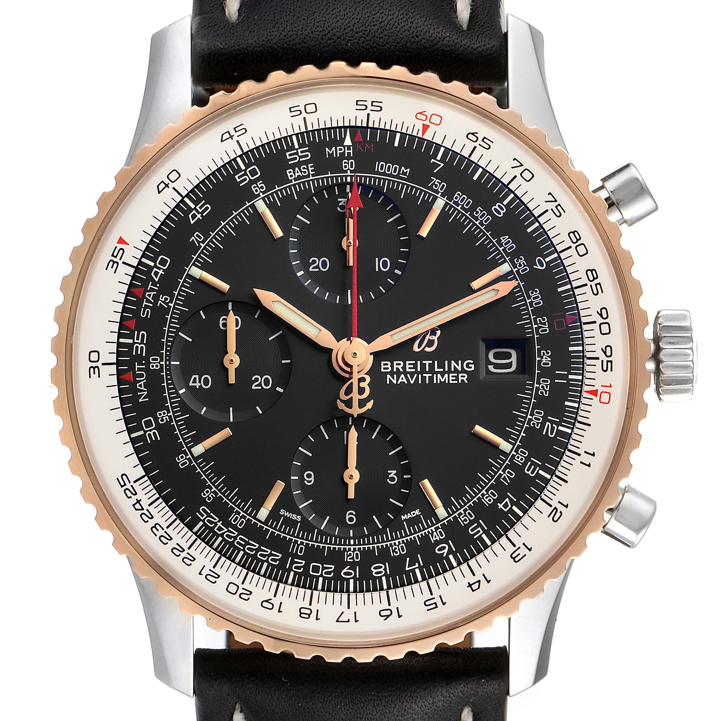 The image shows a front view of a Breitling Navitimer U13324211B1X1 Men
s Steel and Gold (two tone) Black Dial U13324211B1X1 Men
s Steel and Gold (two tone) Black Dial watch, highlighting its dial, subdials, bezel, and leather strap.