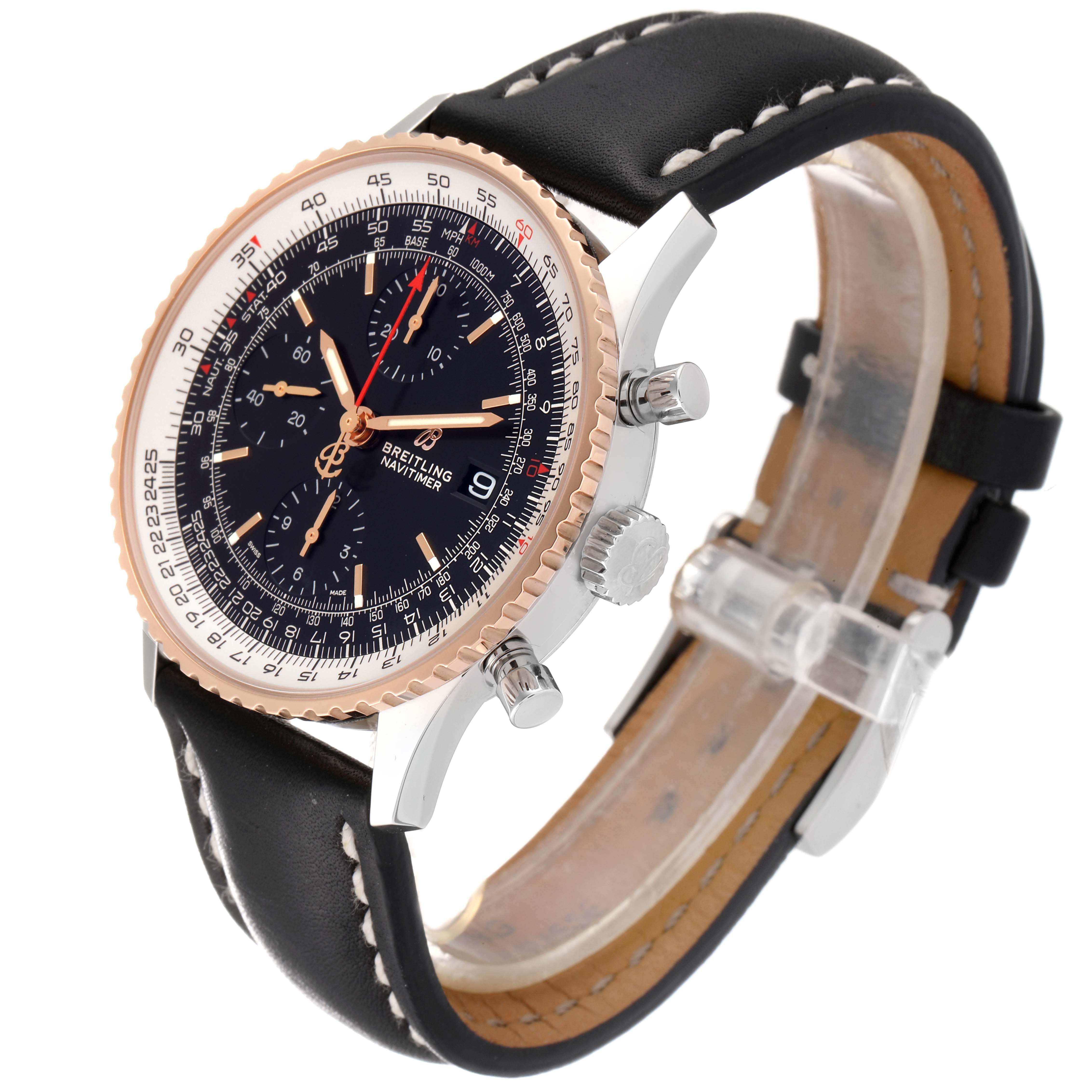 The Breitling Navitimer U13324211B1X1 Men
s Steel and Gold (two tone) Black Dial U13324211B1X1 Men
s Steel and Gold (two tone) Black Dial watch is shown at a three-quarter angle, displaying the face, crown, pushers, and black leather strap.