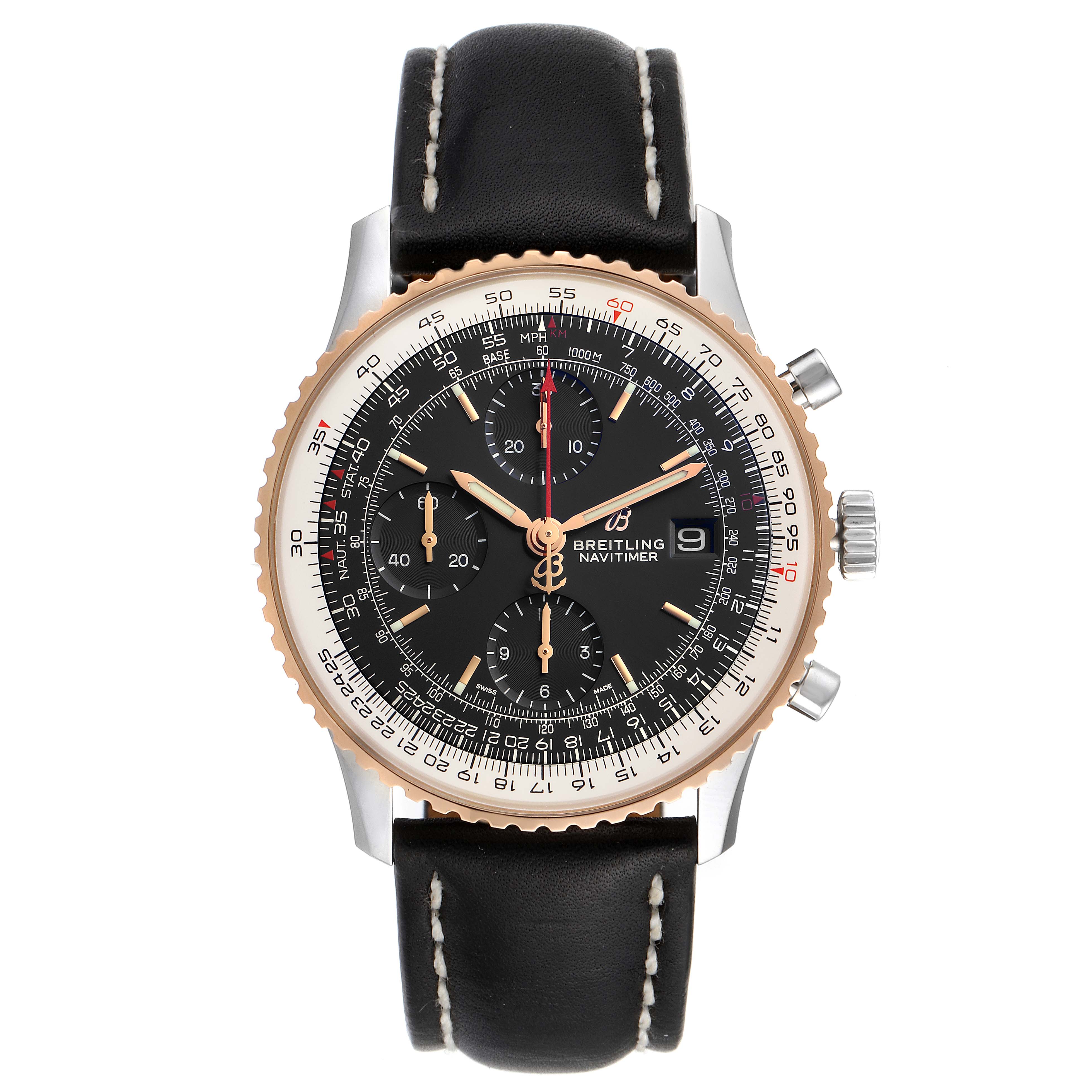 The image shows a front view of a Breitling Navitimer U13324211B1X1 Men
s Steel and Gold (two tone) Black Dial U13324211B1X1 Men
s Steel and Gold (two tone) Black Dial watch, highlighting its black dial, subdials, and leather strap.