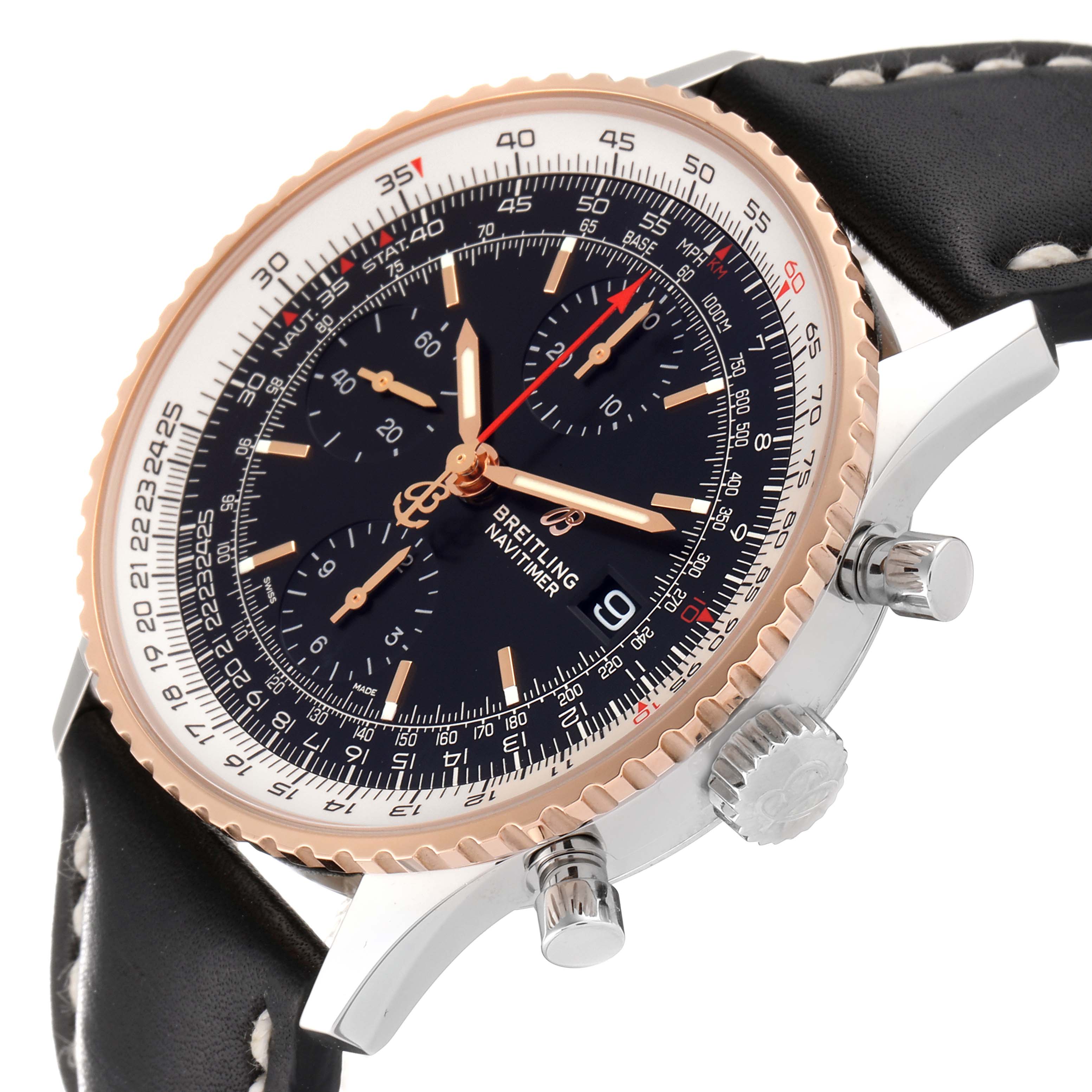 The image shows a close-up angle of a Breitling Navitimer U13324211B1X1 Men
s Steel and Gold (two tone) Black Dial U13324211B1X1 Men
s Steel and Gold (two tone) Black Dial watch, highlighting the crown, bezel, subdials, and part of the leather strap.