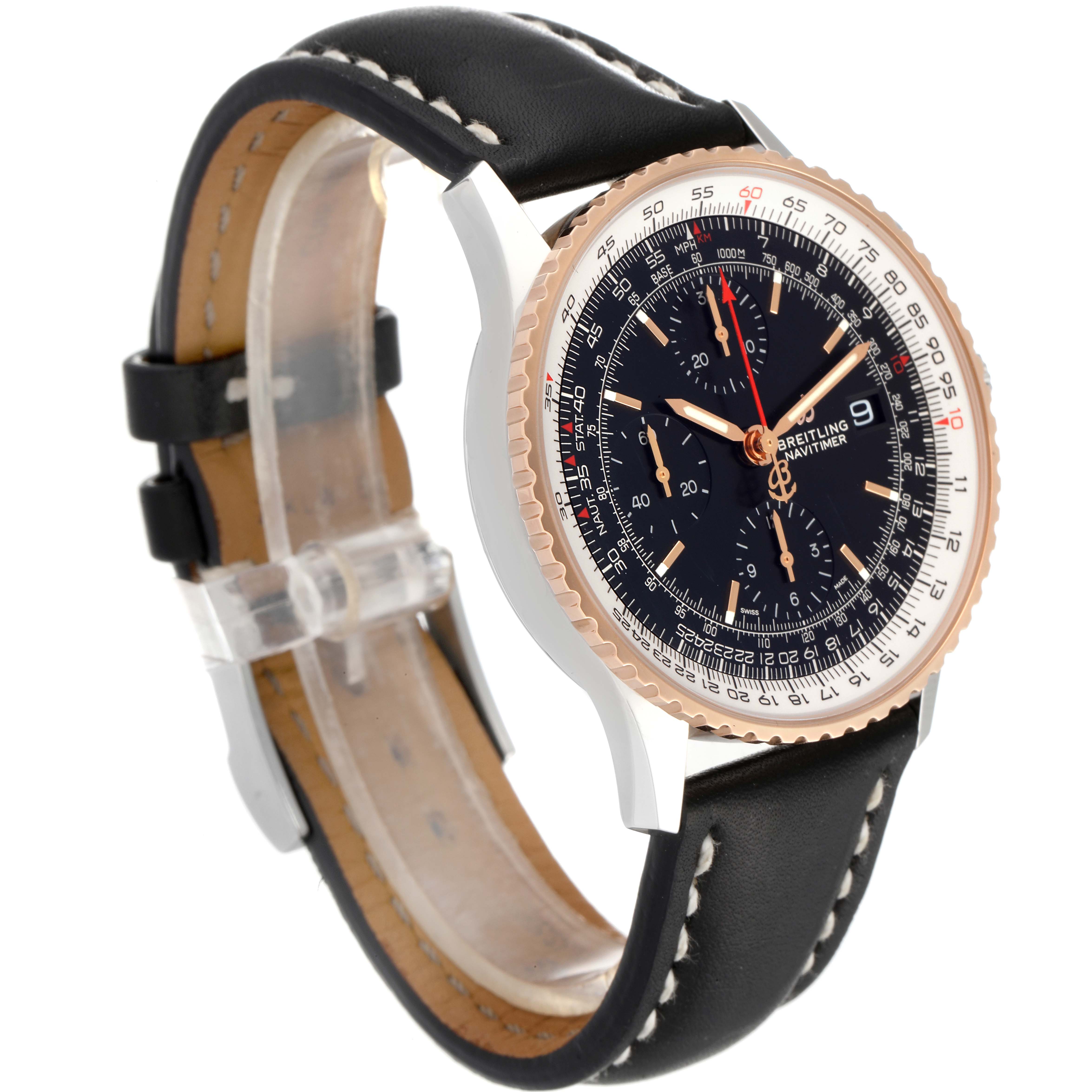 The image shows a side angle of a Breitling Navitimer U13324211B1X1 Men
s Steel and Gold (two tone) Black Dial U13324211B1X1 Men
s Steel and Gold (two tone) Black Dial watch, highlighting its black leather strap and a round dial with a gold bezel.