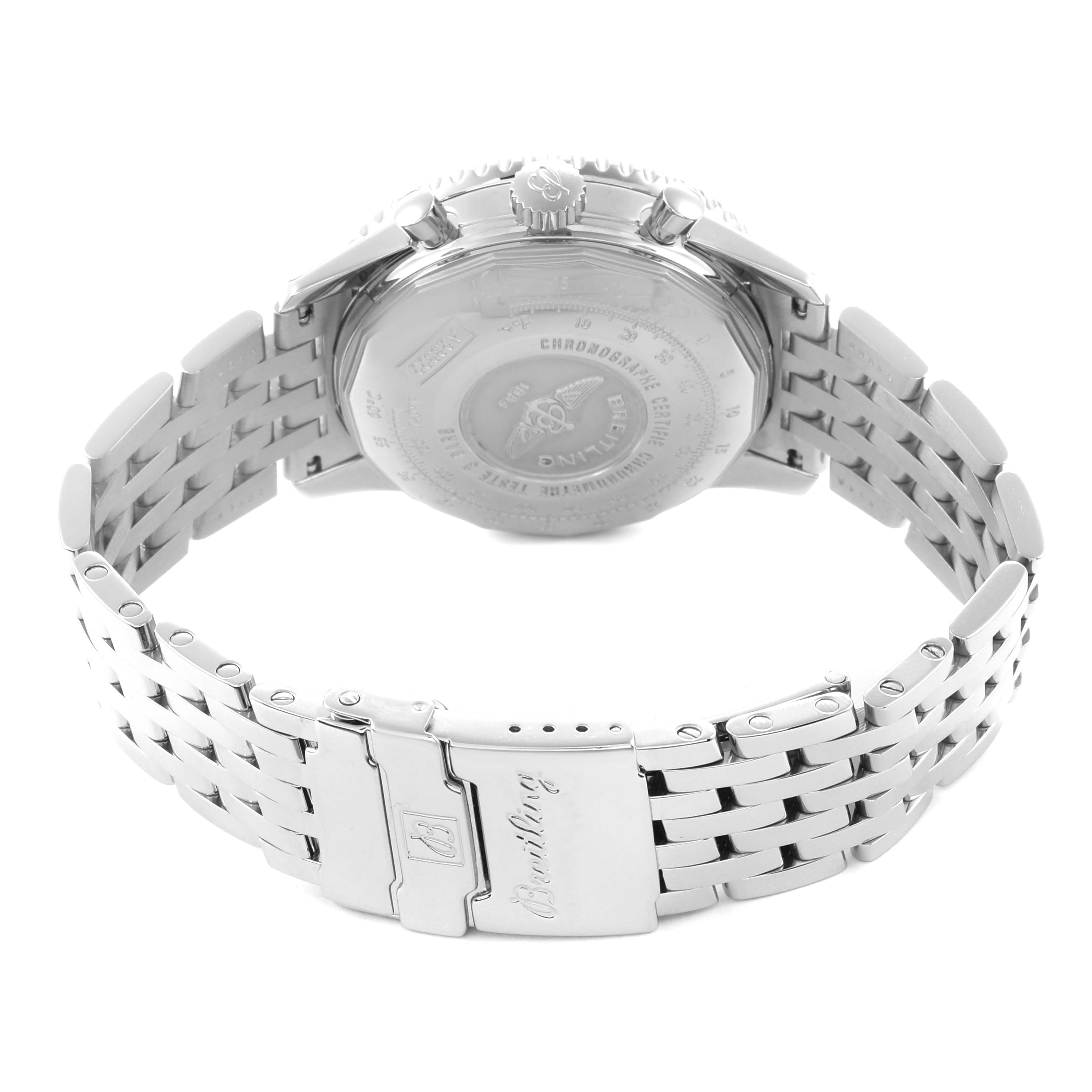 The image shows the back of a Breitling Navitimer A23322 Men
s Stainless Steel Blue Dial A23322 Men
s Stainless Steel Blue Dial watch, highlighting the clasp and bracelet in a semi-open position.
