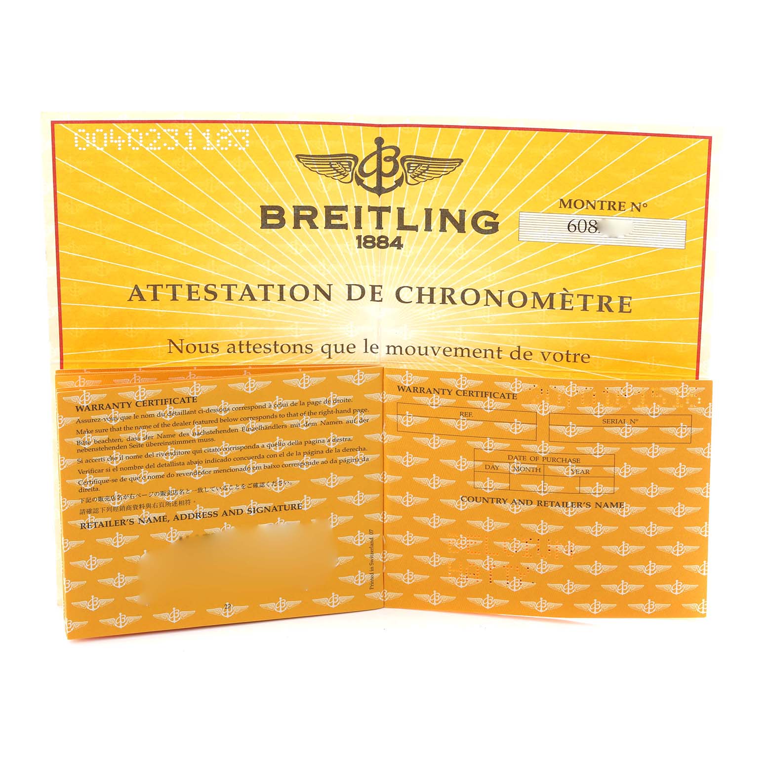The image shows a Breitling Navitimer A23322 Men
s Stainless Steel Blue Dial A23322 Men
s Stainless Steel Blue Dial warranty certificate and chronometer attestation from a frontal angle.
