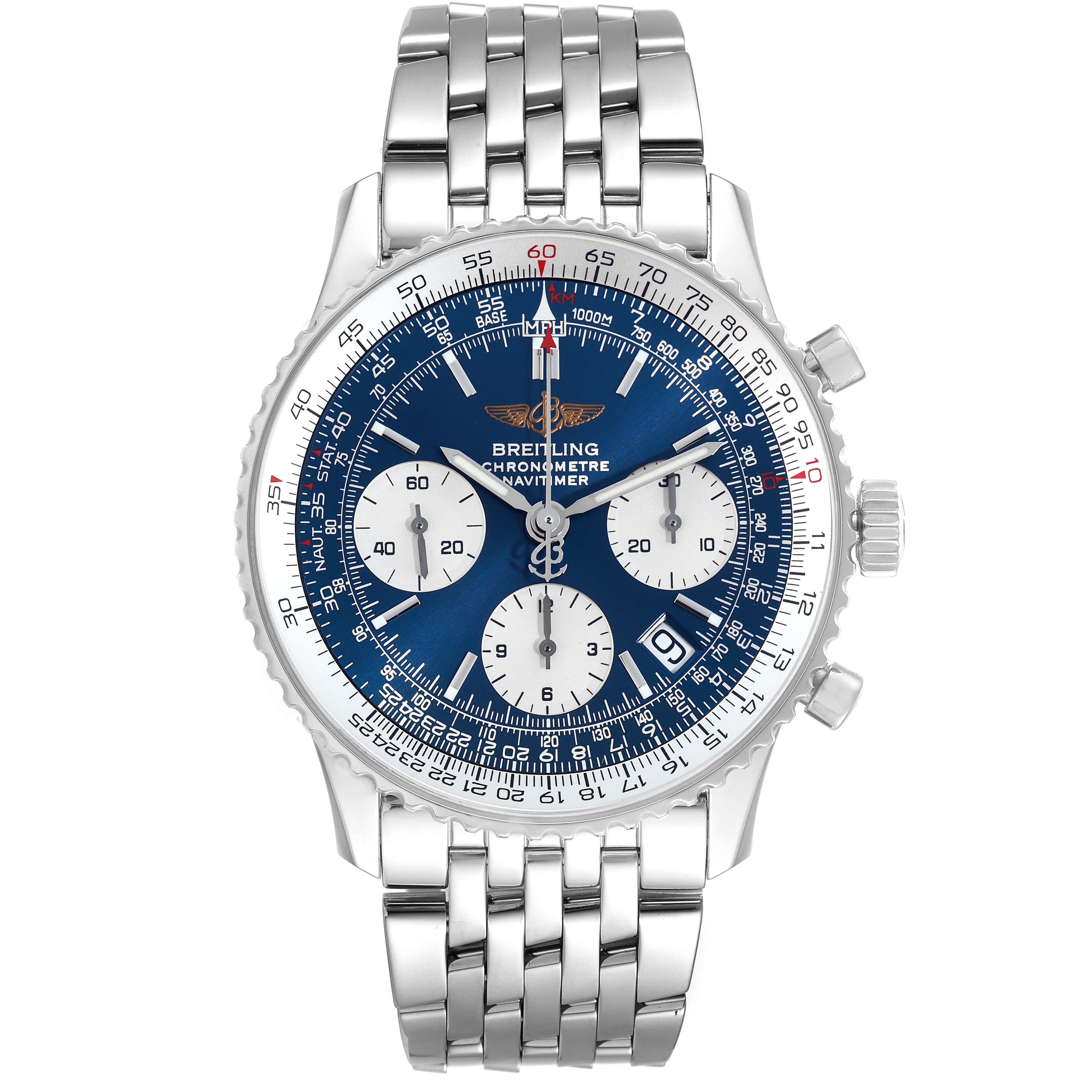 The Breitling Navitimer A23322 Men
s Stainless Steel Blue Dial A23322 Men
s Stainless Steel Blue Dial is shown from a front angle, highlighting its bezel, dial, chronograph subdials, and bracelet.
