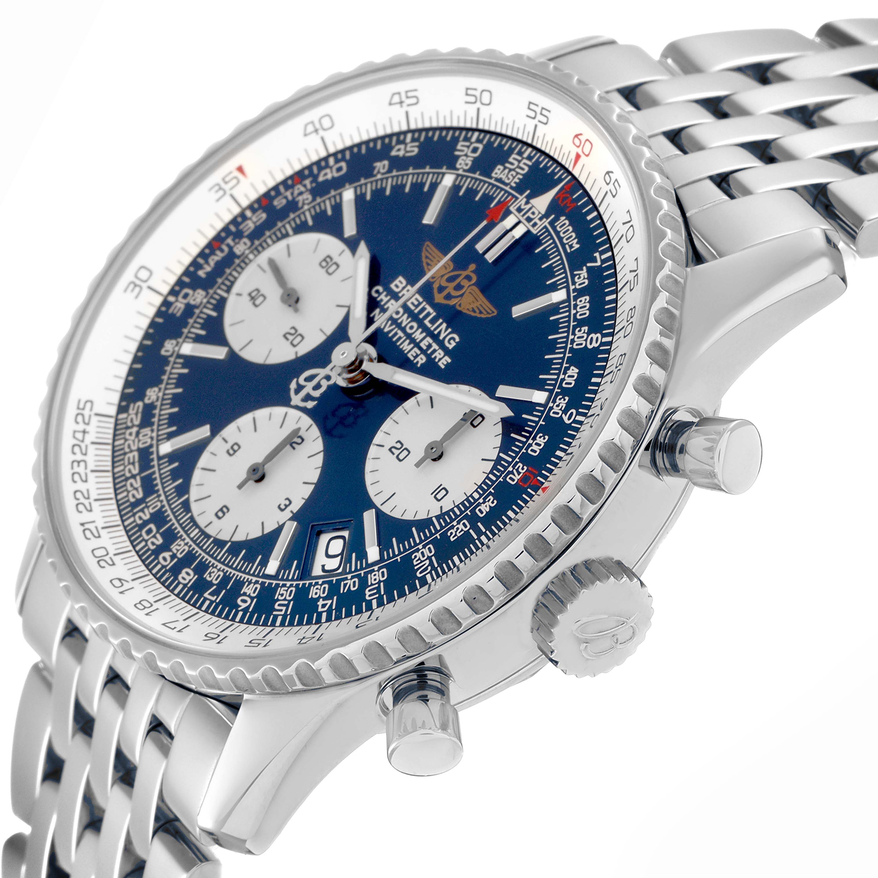 The Breitling Navitimer A23322 Men
s Stainless Steel Blue Dial A23322 Men
s Stainless Steel Blue Dial watch is shown at a slight angle, highlighting the bezel, crown, and side pushers.