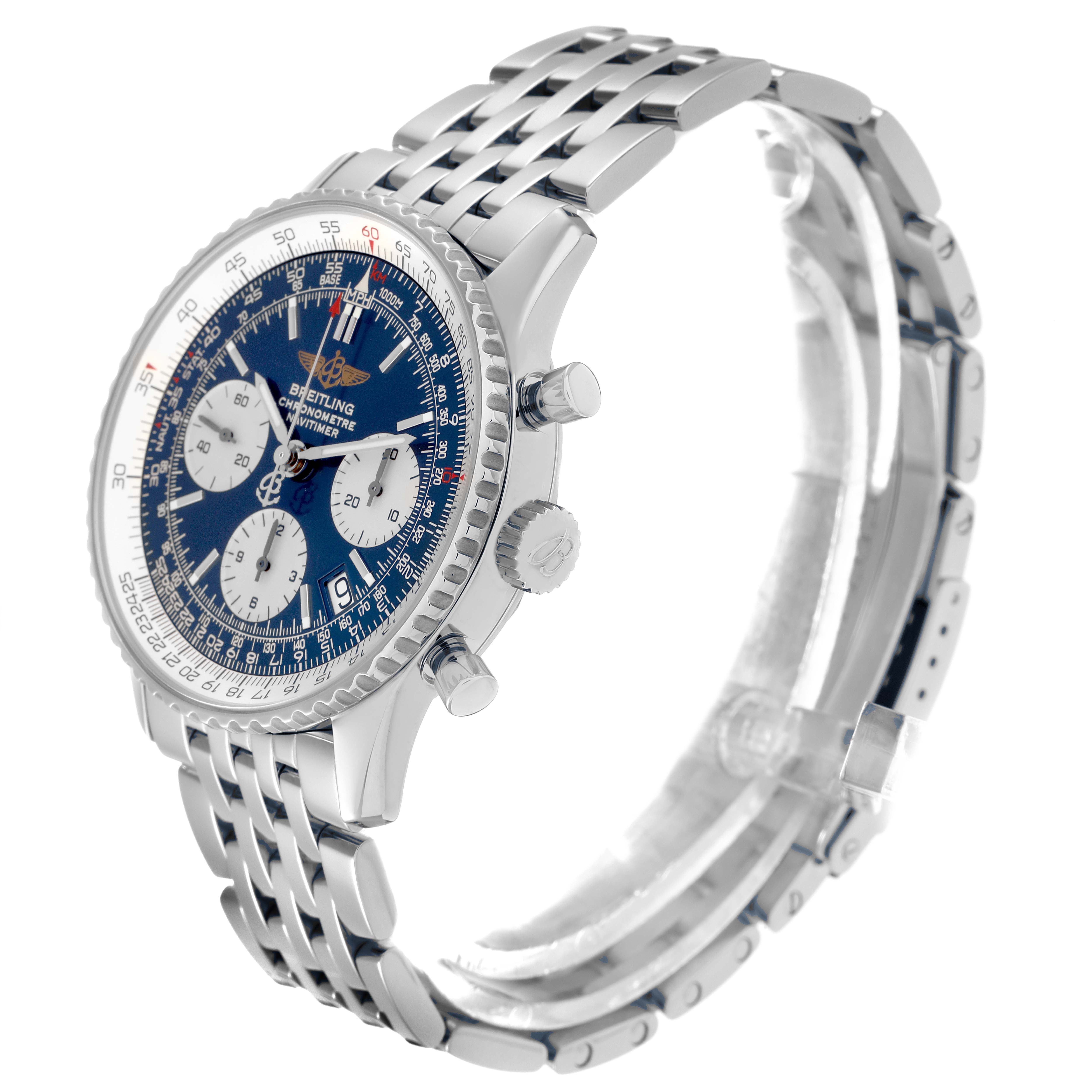 The Breitling Navitimer A23322 Men
s Stainless Steel Blue Dial A23322 Men
s Stainless Steel Blue Dial watch is shown from a right-side angle, highlighting the bezel, crown, pushers, and bracelet.