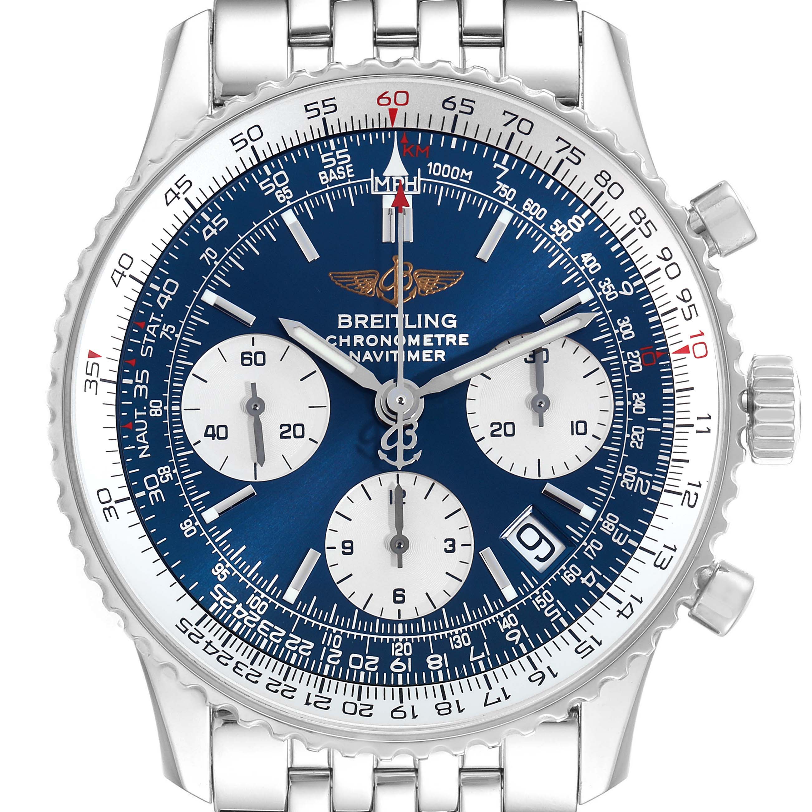 The image shows a front view of the Breitling Navitimer A23322 Men
s Stainless Steel Blue Dial A23322 Men
s Stainless Steel Blue Dial watch, highlighting its blue dial, subdials, and metal bracelet.