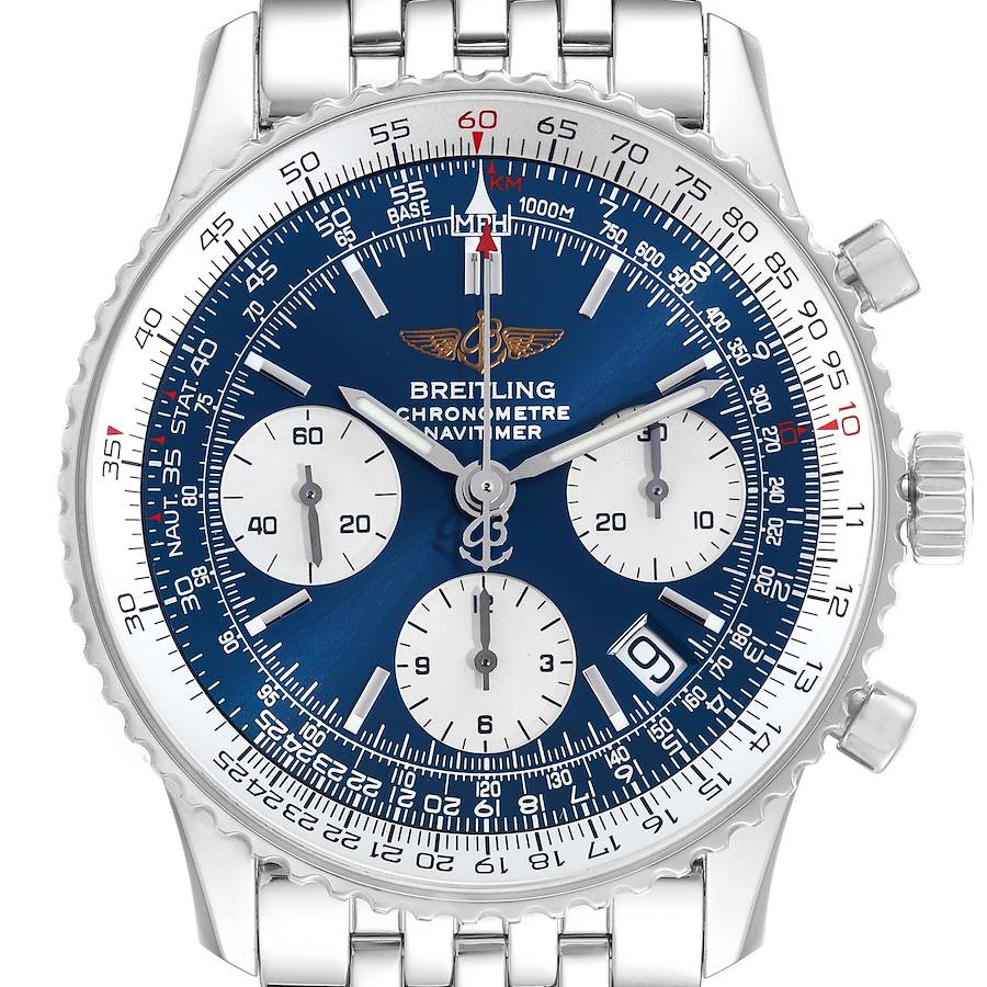 The image shows a front view of the Breitling Navitimer watch, highlighting its blue dial, subdials, and metal bracelet.