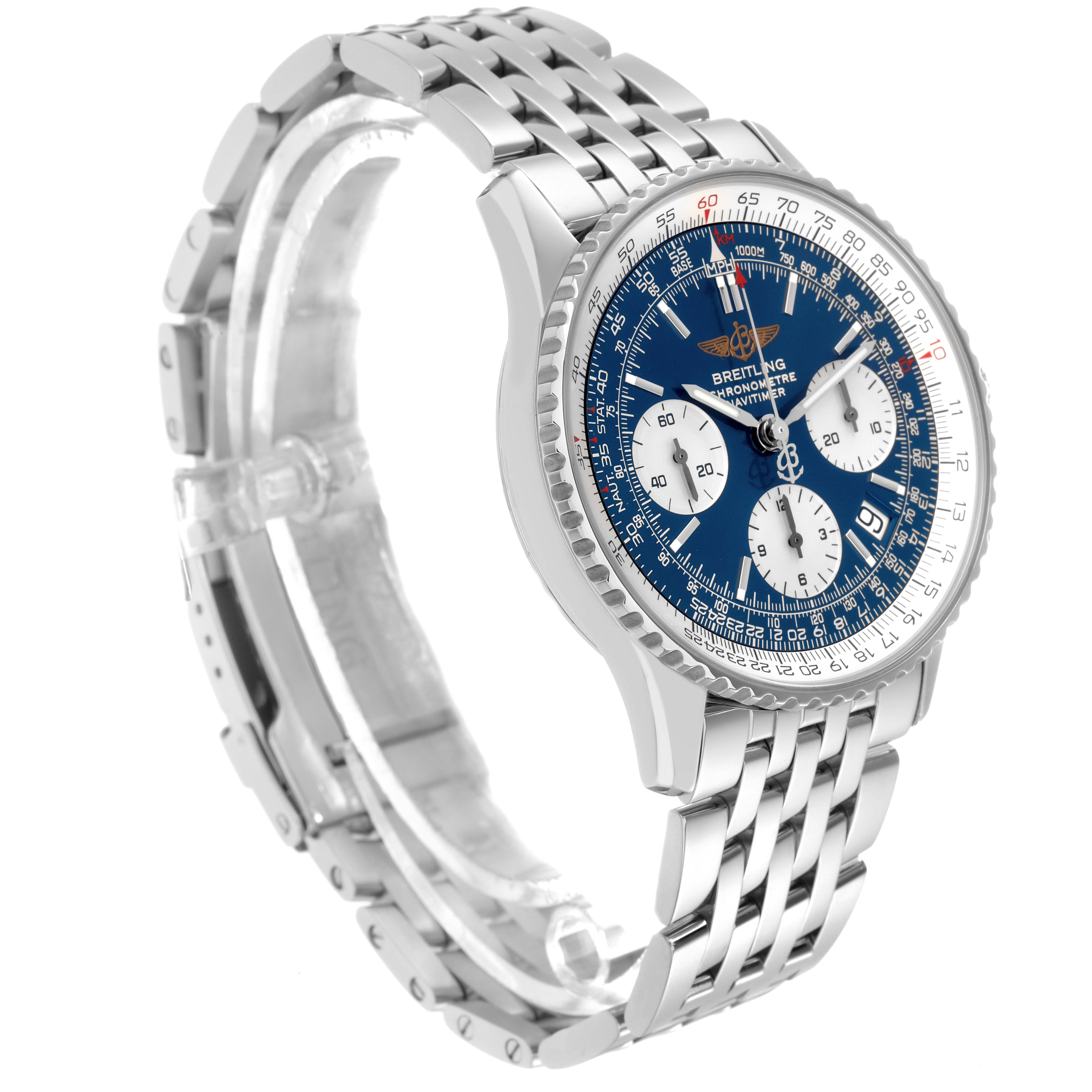 The Breitling Navitimer A23322 Men
s Stainless Steel Blue Dial A23322 Men
s Stainless Steel Blue Dial is shown at a three-quarter angle, highlighting the blue dial, chronograph subdials, and metal bracelet.