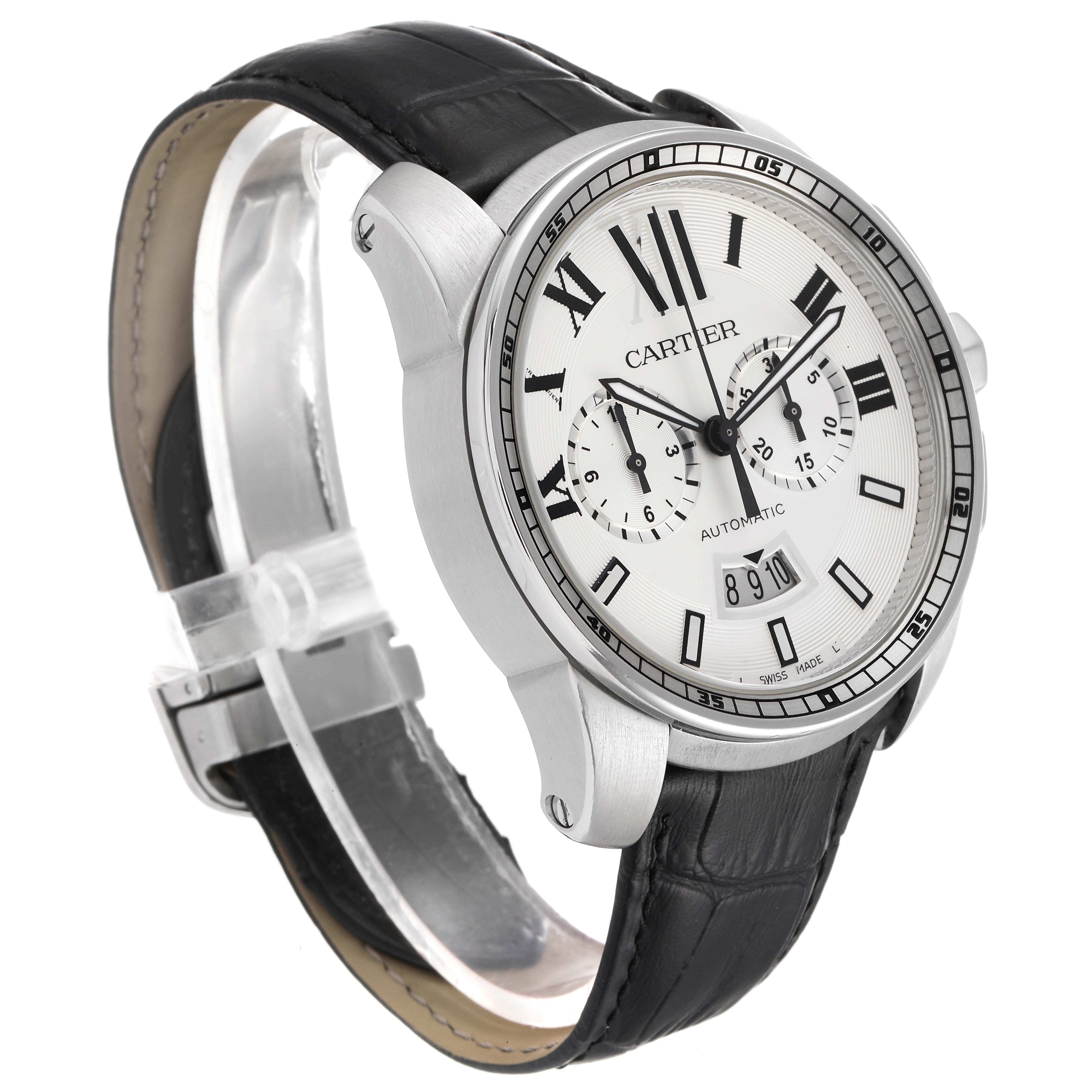 This image shows a side-angle view of the Calibre de Cartier watch by Cartier, highlighting its face, strap, and crown.