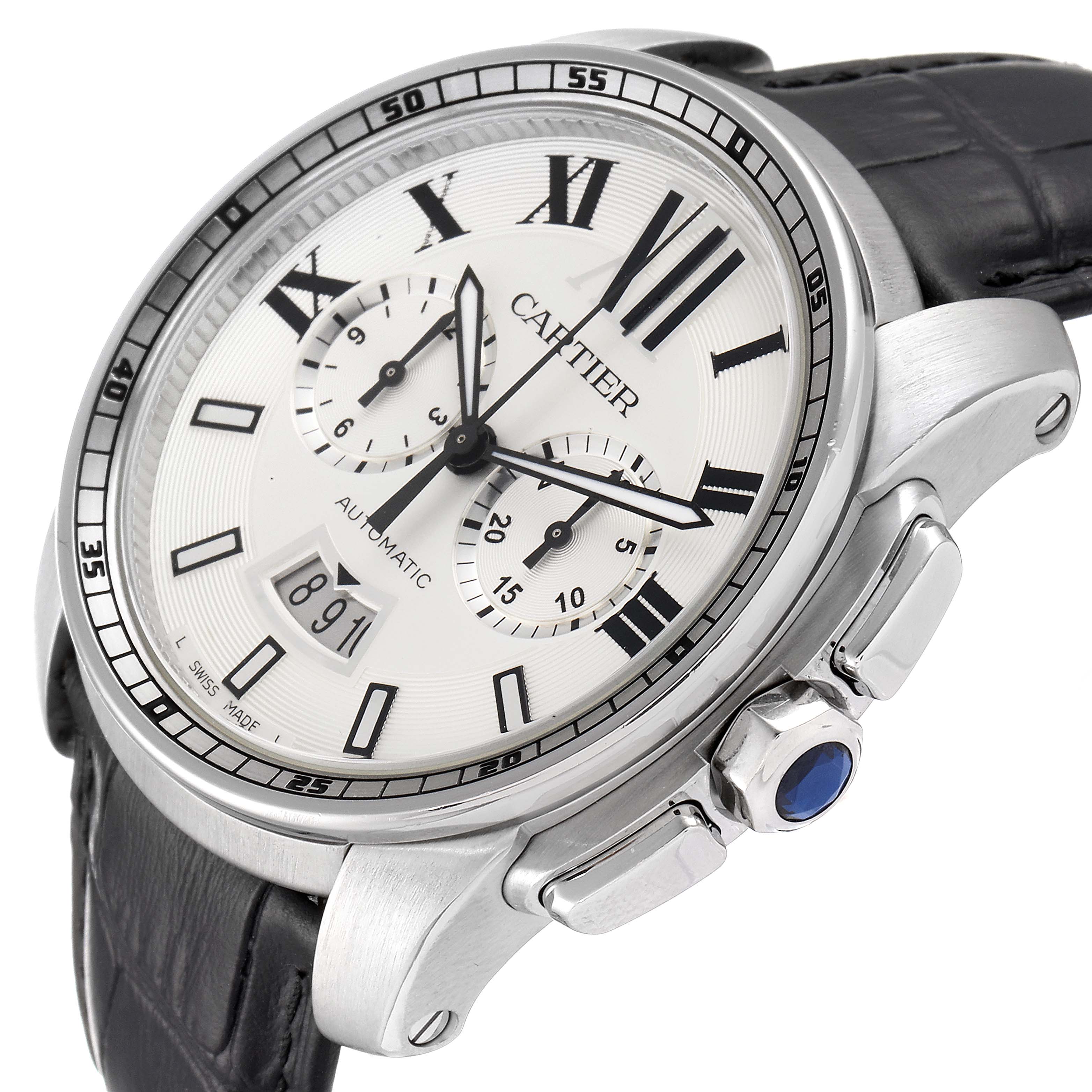 The image shows a close-up of the Cartier Calibre de Cartier W7100046 Men
s Stainless Steel Silver Dial W7100046 Men
s Stainless Steel Silver Dial watch at an angle highlighting the dial, bezel, crown, and leather strap.