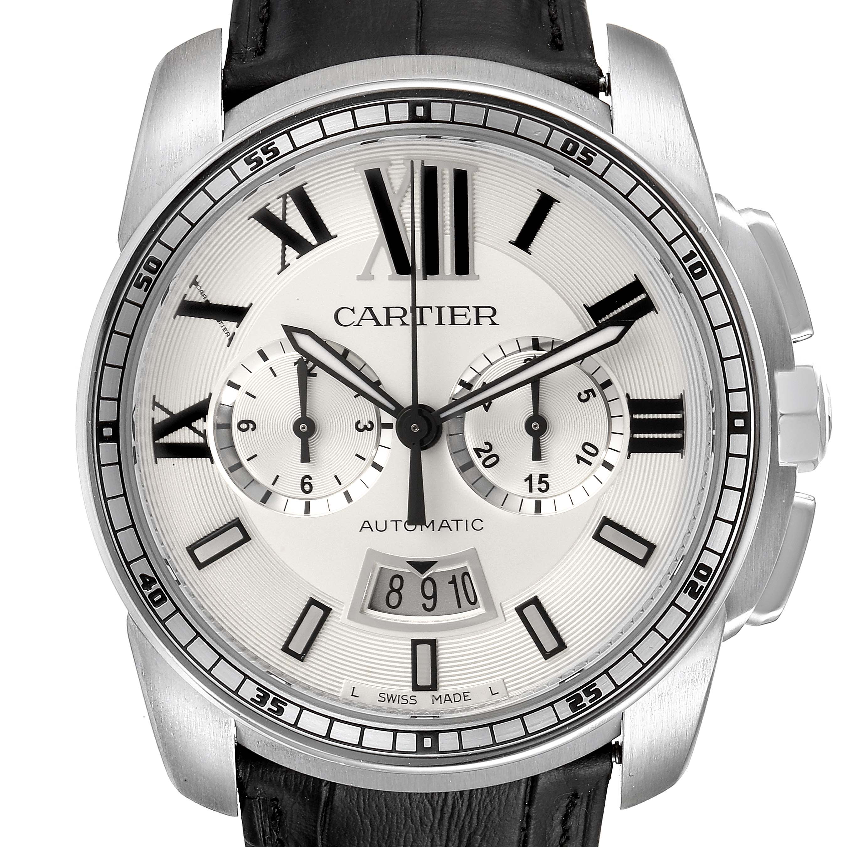 Calibre De Cartier Steel Chronograph Silver Dial Mens  