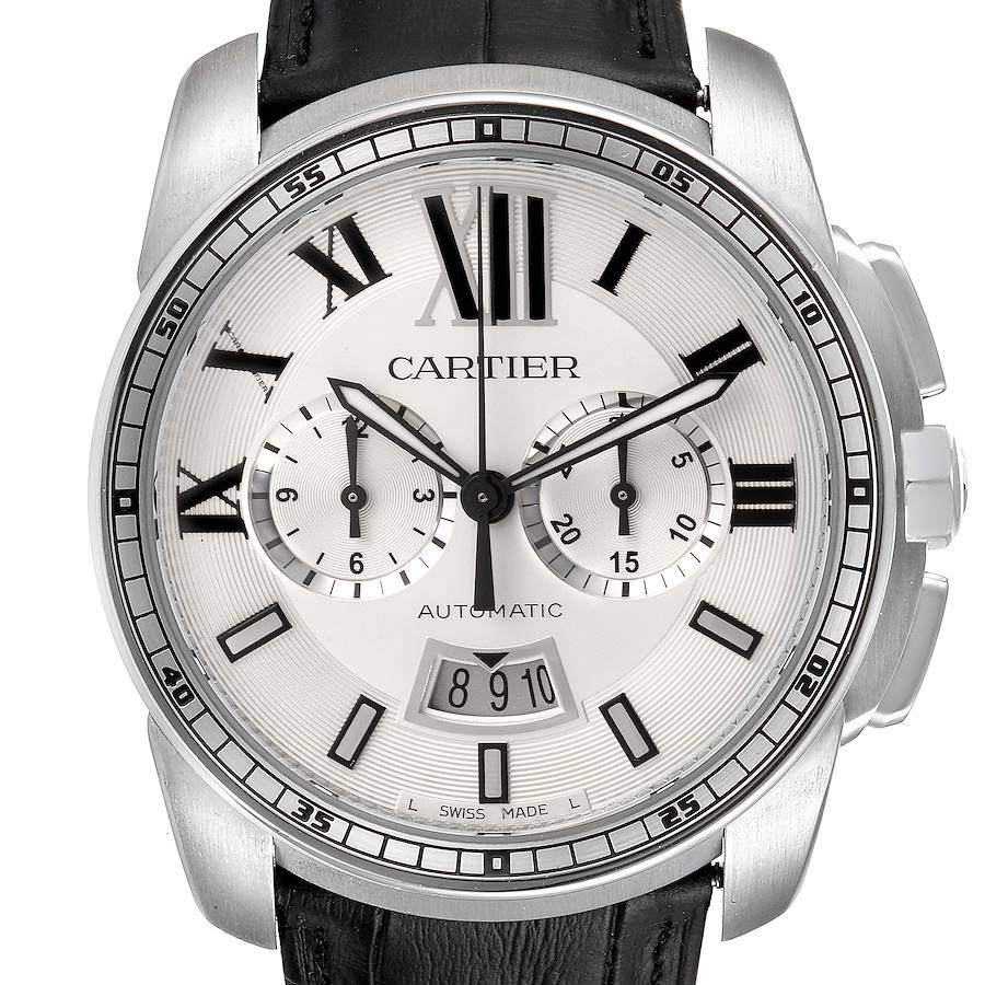 Calibre De Cartier Steel Chronograph Silver Dial Mens Watch W7100046 SwissWatchExpo