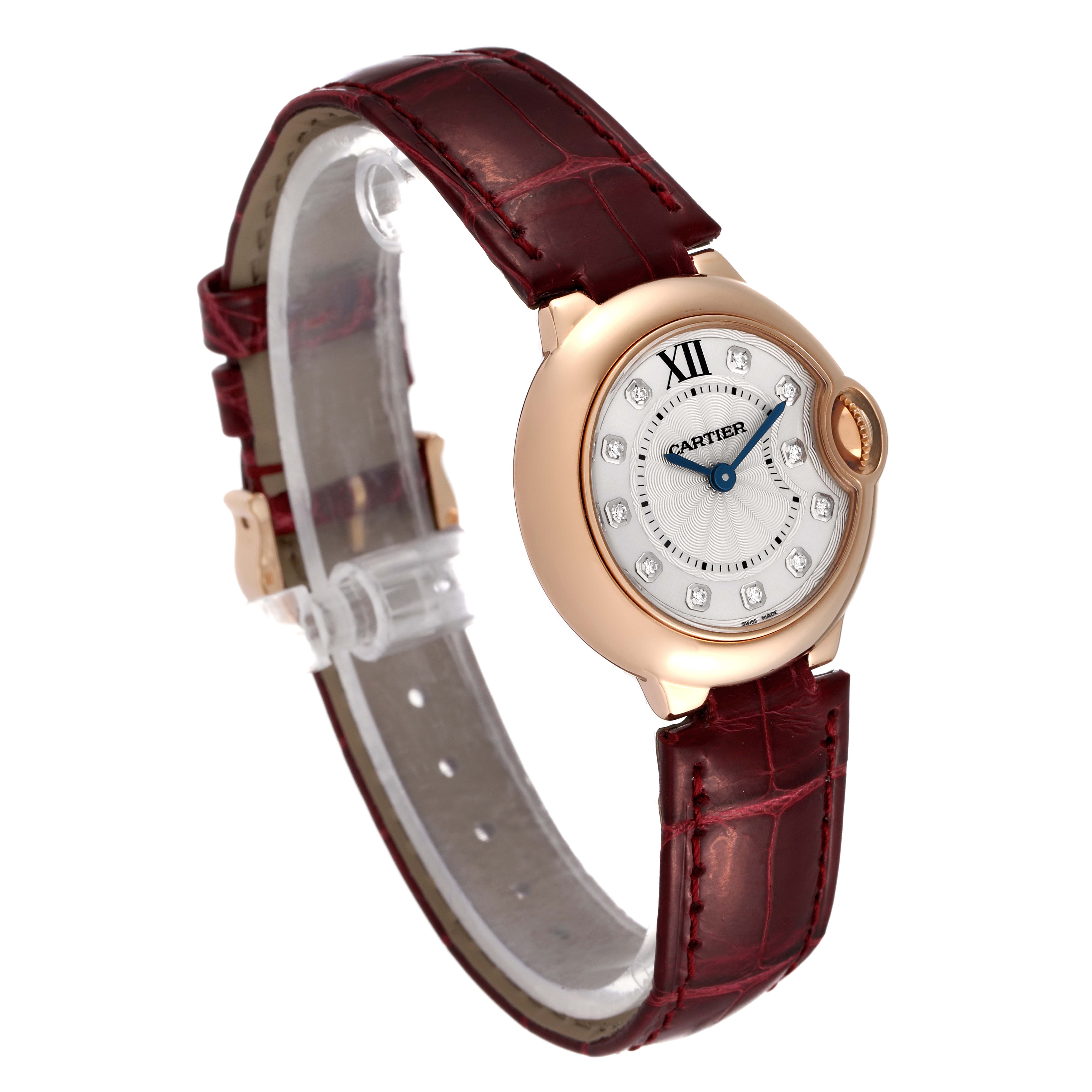 The image shows a Cartier Ballon Bleu WE902050 Women
s Rose Gold Silver Dial WE902050 Women
s Rose Gold Silver Dial watch at a three-quarter angle, highlighting the face, strap, and side profile.