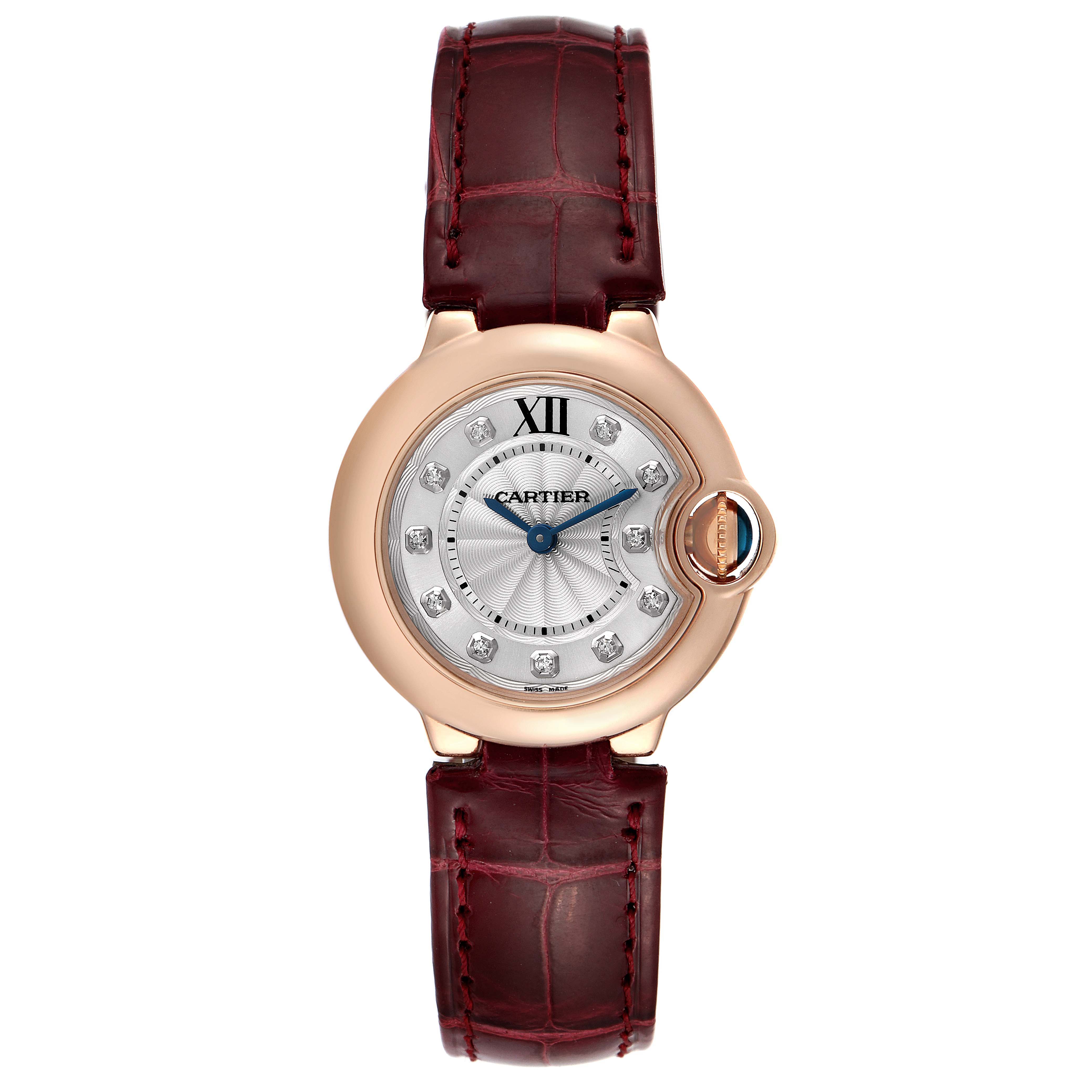 This image shows a frontal view of the Cartier Ballon Bleu WE902050 Women
s Rose Gold Silver Dial WE902050 Women
s Rose Gold Silver Dial watch with a leather strap and silver dial.