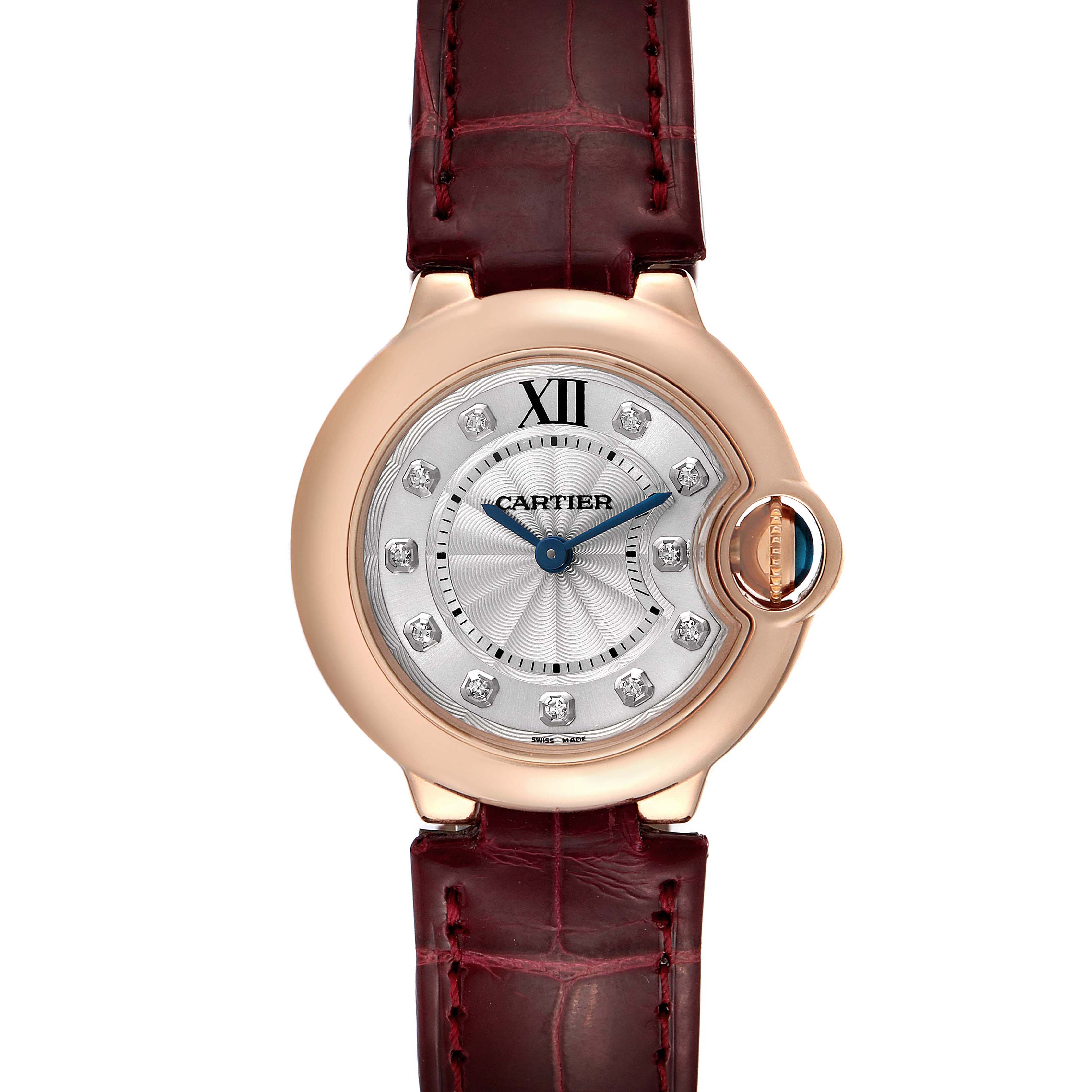 This is a front view of a Cartier Ballon Bleu WE902050 Women
s Rose Gold Silver Dial WE902050 Women
s Rose Gold Silver Dial watch, showcasing the dial, bezel, and leather strap.