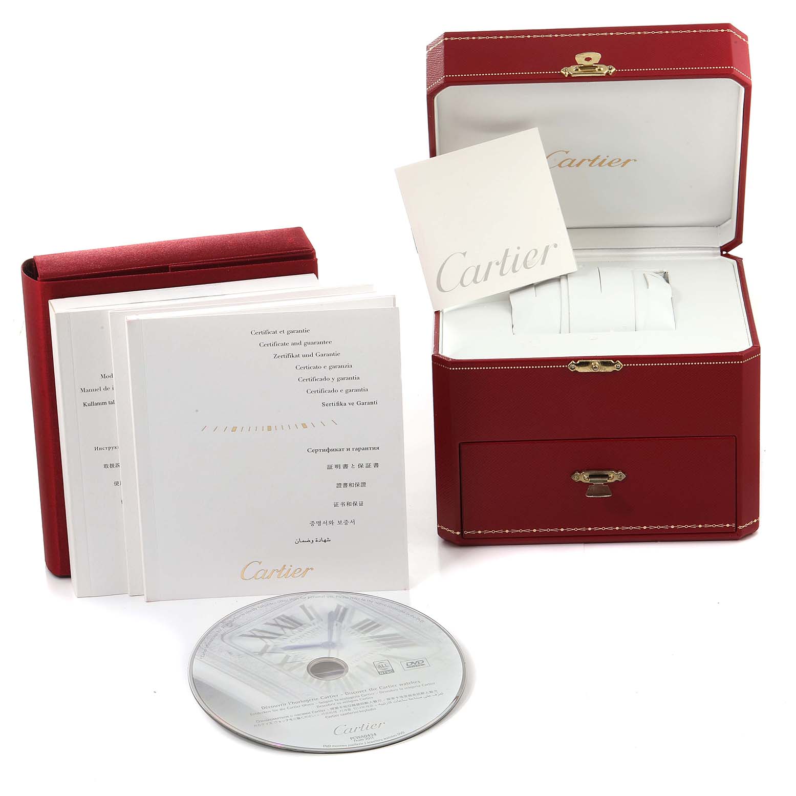 This image shows the packaging and accessories of a Cartier Ballon Bleu WE902050 Women
s Rose Gold Silver Dial WE902050 Women
s Rose Gold Silver Dial watch, including the red box, booklet, CD, and warranty.