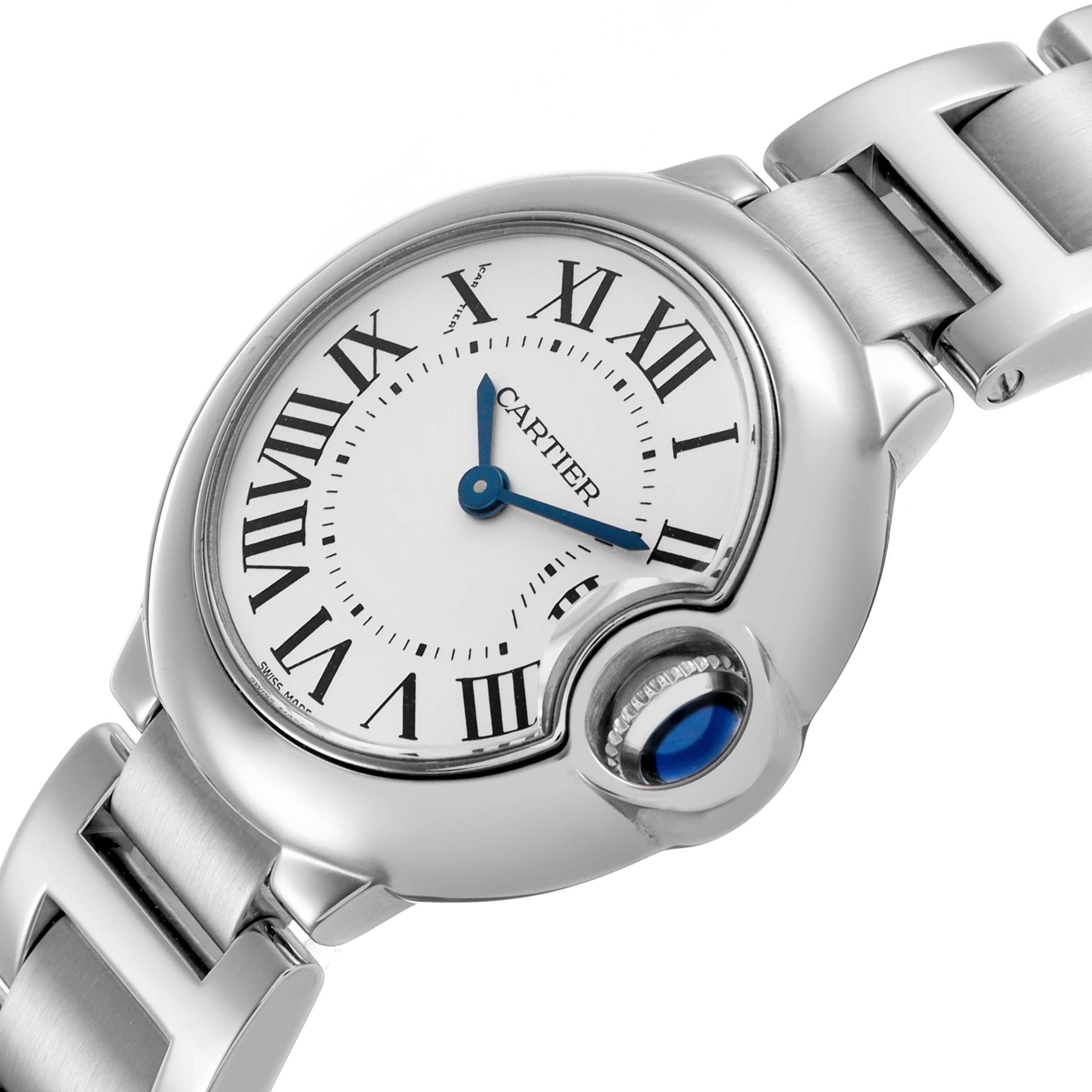 The image shows the Ballon Bleu de Cartier watch at a slight angle, highlighting its dial, Roman numerals, blue hands, and crown.