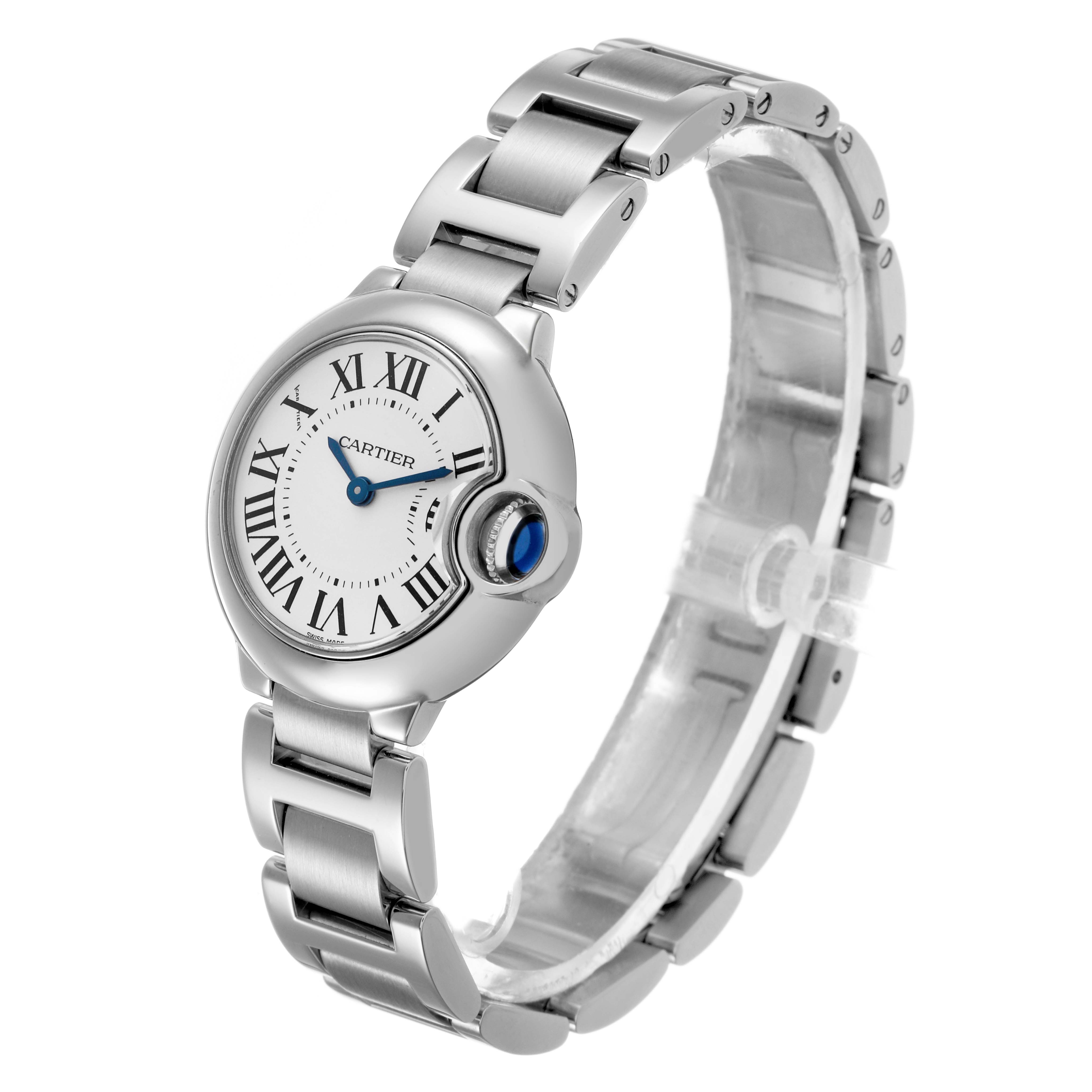 The Cartier Ballon Bleu W69010Z4 Women's Stainless Steel Silver Dial watch is displayed at a side angle, showing its round face, sapphire crown, and metal bracelet.