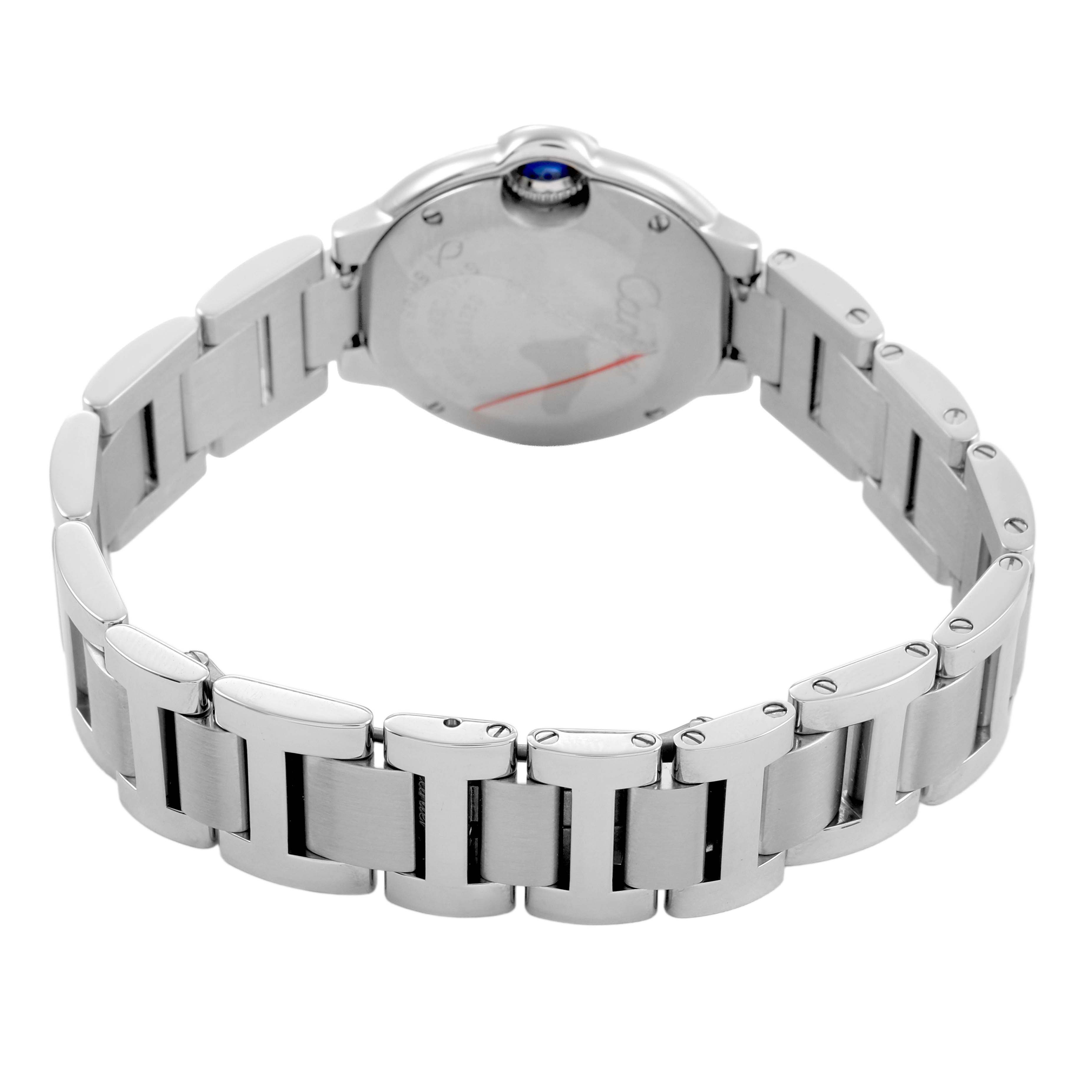 The Cartier Ballon Bleu W69010Z4 Women's Stainless Steel Silver Dial watch is shown from the back, highlighting the bracelet and case back.