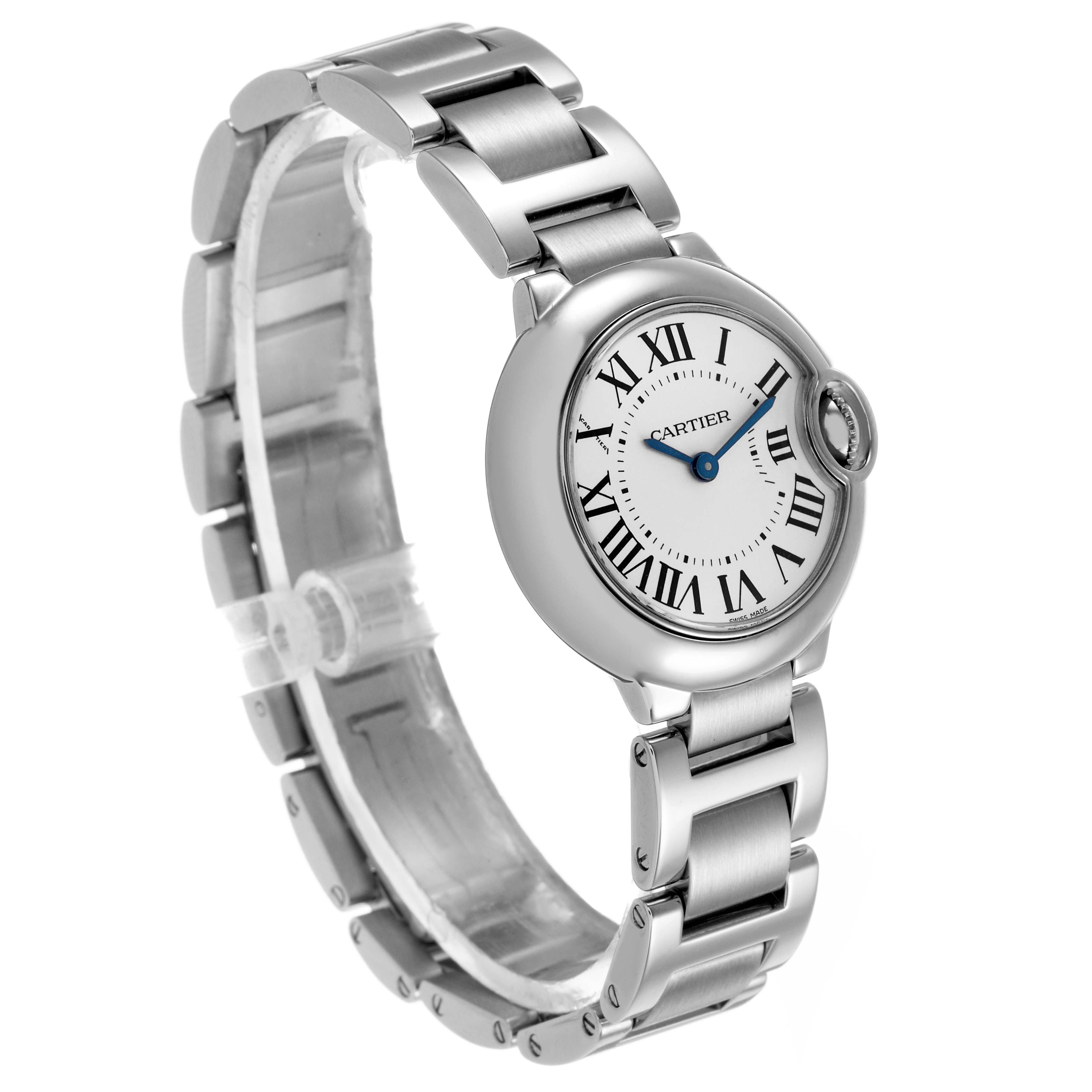 The Ballon Bleu by Cartier is shown at a three-quarter angle, displaying the dial, crown, and bracelet.