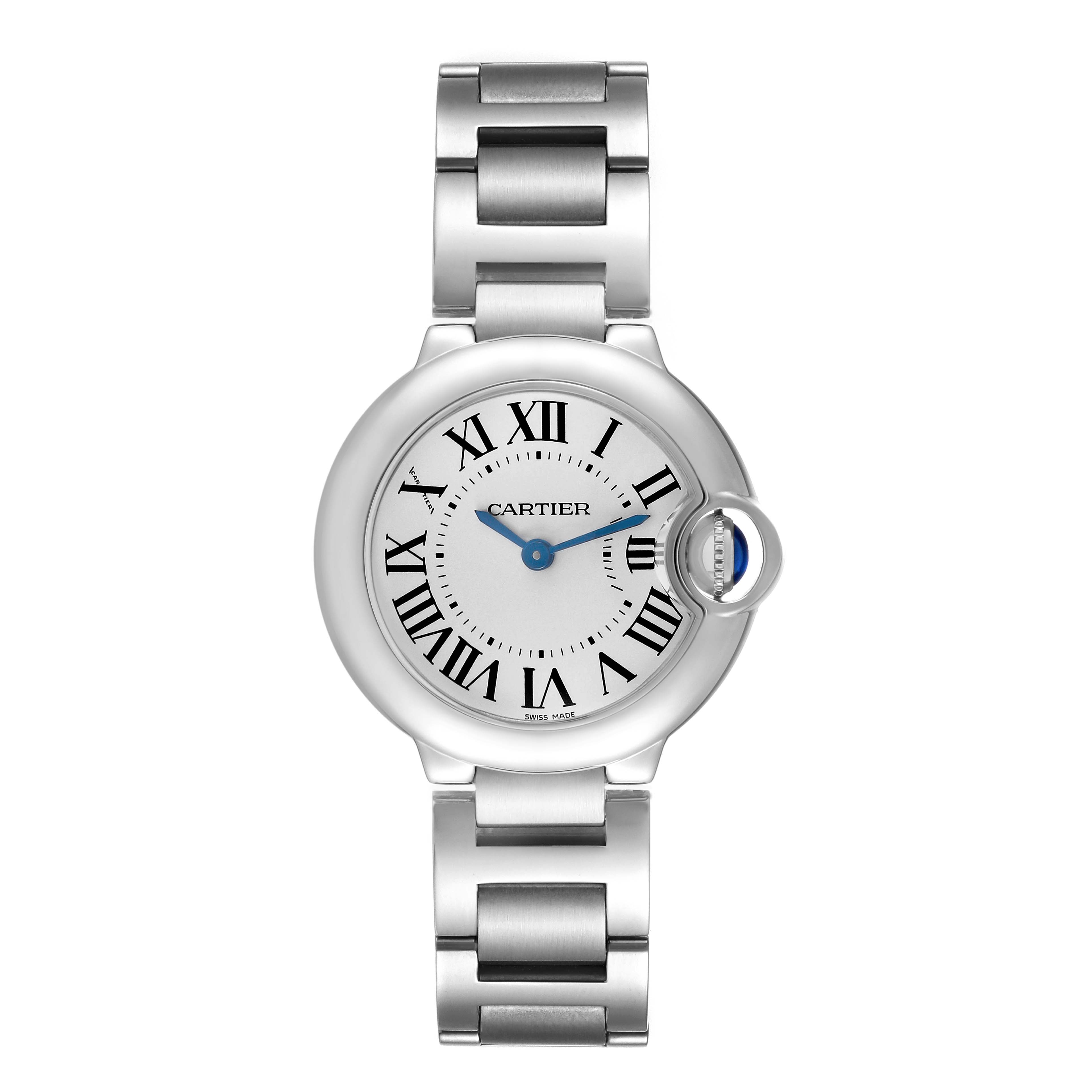 The Cartier Ballon Bleu W69010Z4 Women's Stainless Steel Silver Dial watch is shown from a front angle, displaying the full face, Roman numerals, and metal bracelet.