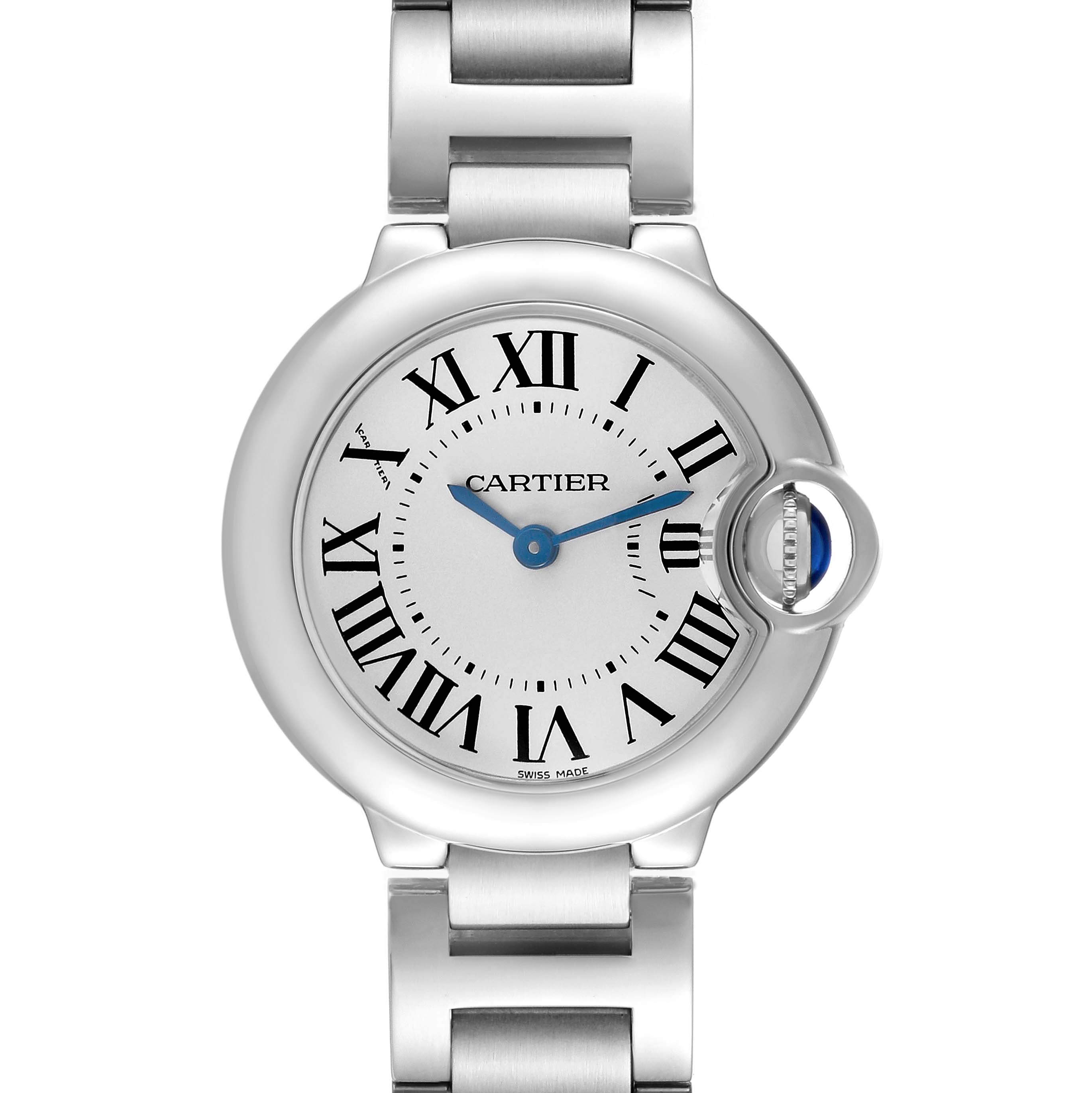 The Cartier Ballon Bleu W69010Z4 Women's Stainless Steel Silver Dial watch is shown from the front, highlighting the dial, Roman numerals, hands, and distinct round case.