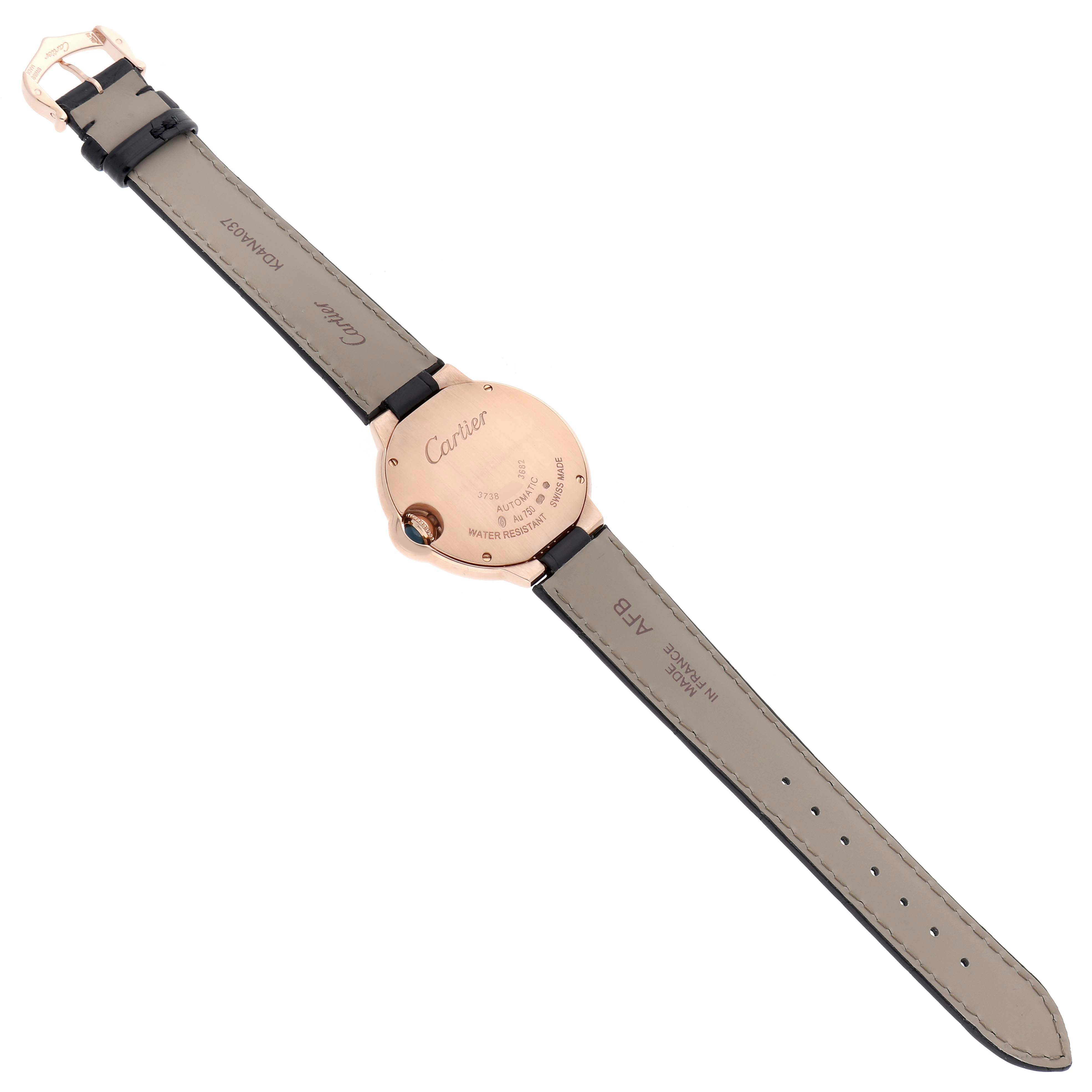 The image shows the back view of a Cartier Ballon Bleu WE902066 Women's Rose Gold Silver Dial watch, highlighting the case back and strap.